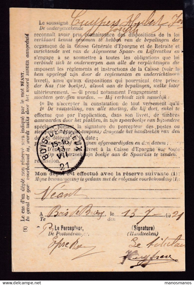 DDFF 553 -- BOIS DE BREUX - Carte De Caisse D'Epargne Postale/Postspaarkaskaart 1921 - Grande Griffe - Portofreiheit