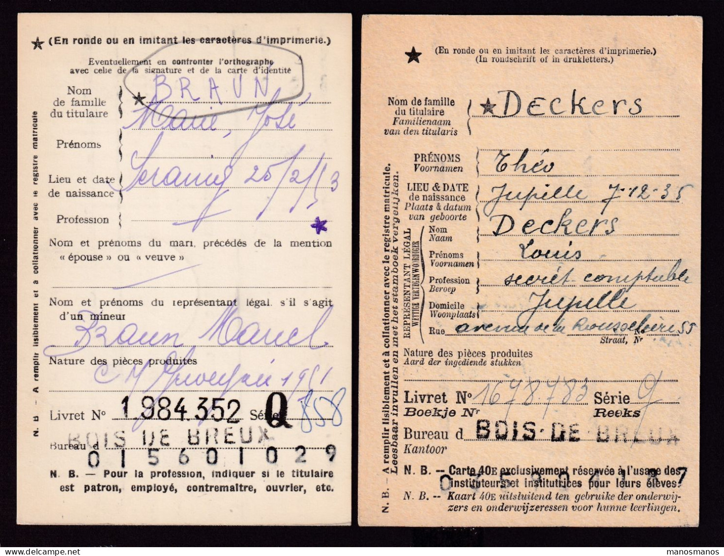 DDFF 554 -- BOIS DE BREUX - 2 X Carte De Caisse D'Epargne Postale/Postspaarkaskaart 1947/1953 - Grande Griffe - Portofreiheit