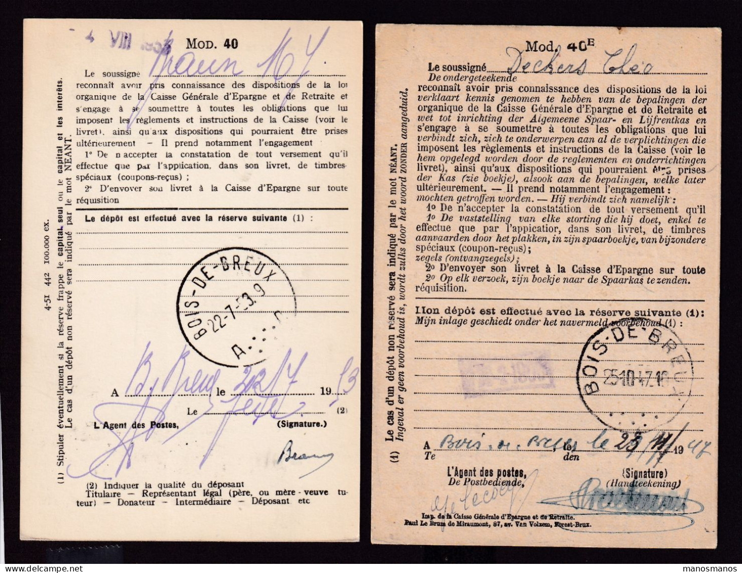 DDFF 554 -- BOIS DE BREUX - 2 X Carte De Caisse D'Epargne Postale/Postspaarkaskaart 1947/1953 - Grande Griffe - Portofreiheit