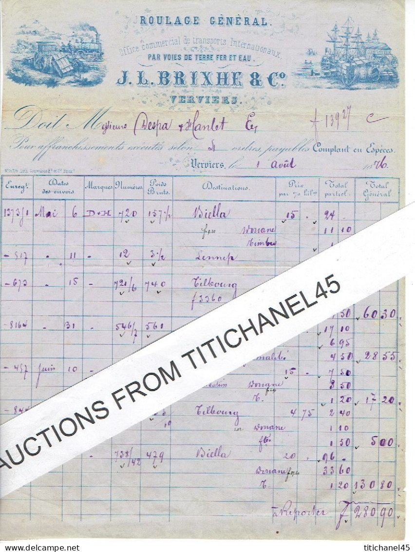 1876 VERVIERS - J. L. BRIXHE & J. DEBLON-transports Internationaux Maritimes, Terre Et Chemin De Fer - Other & Unclassified