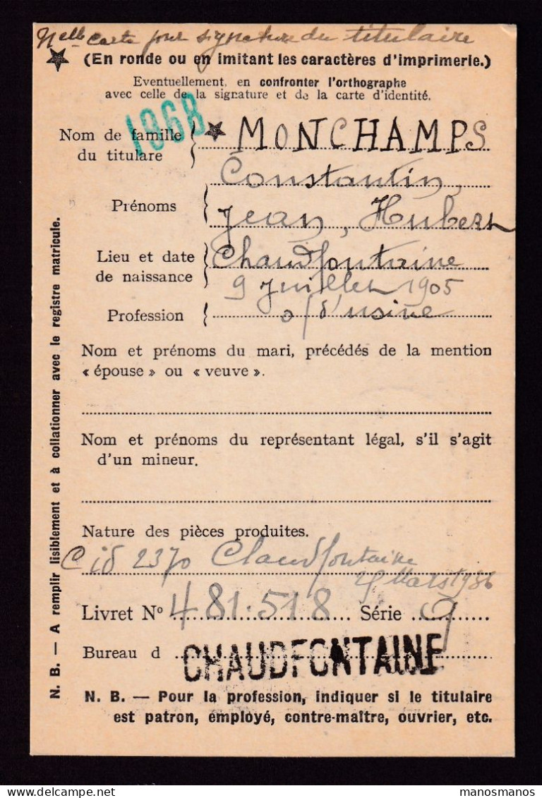 DDFF 556 -- CHAUDFONTAINE - Carte De Caisse D'Epargne Postale/Postspaarkaskaart 1944 - Grande Griffe - Portofreiheit