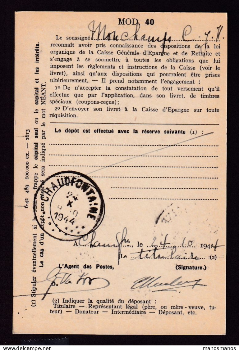 DDFF 556 -- CHAUDFONTAINE - Carte De Caisse D'Epargne Postale/Postspaarkaskaart 1944 - Grande Griffe - Franchigia