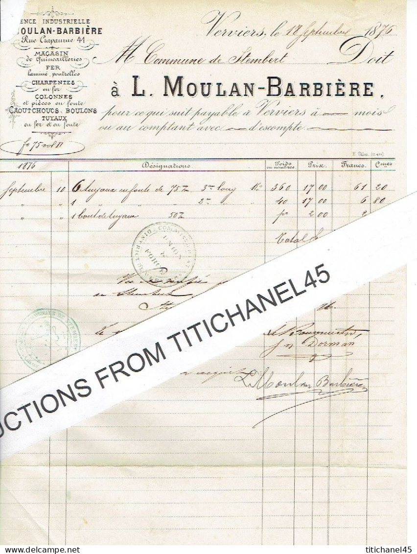 1876 VERVIERS - L. MOULAN-BARBIERE - Magasin De Quincailerie, Tuyaux, Robinets, Boulons, écrous... - Andere & Zonder Classificatie