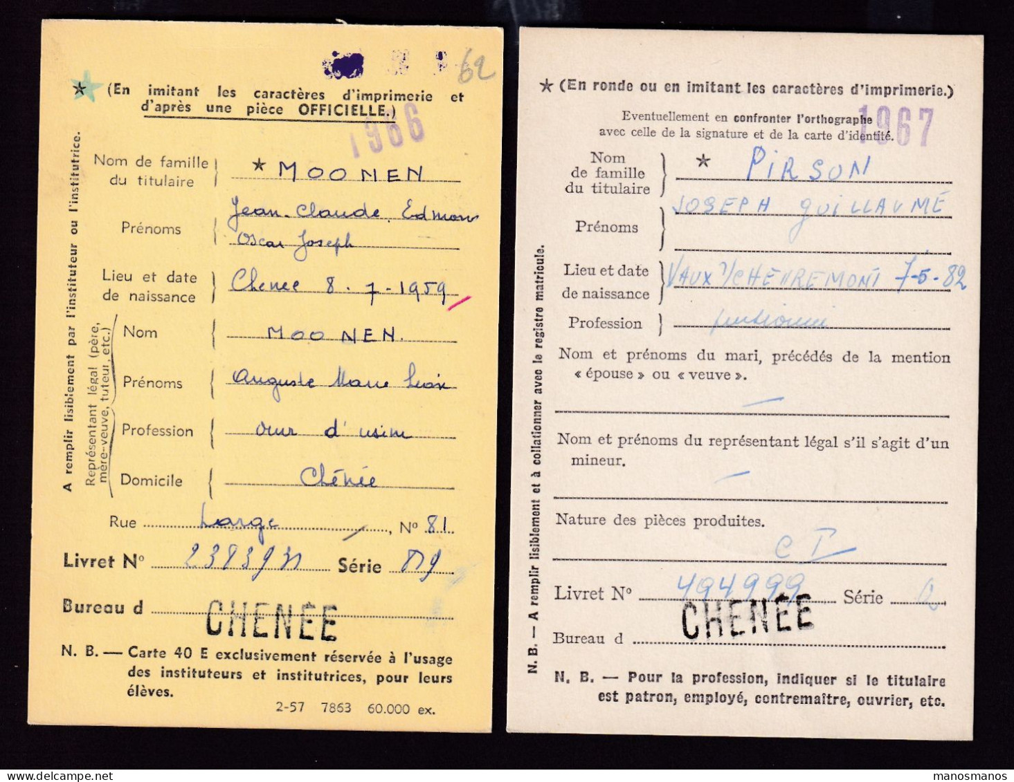 DDFF 558 -- CHENEE - 2 X Carte De Caisse D'Epargne Postale/Postspaarkaskaart 1959/1963 - Grande Griffe - Franchigia