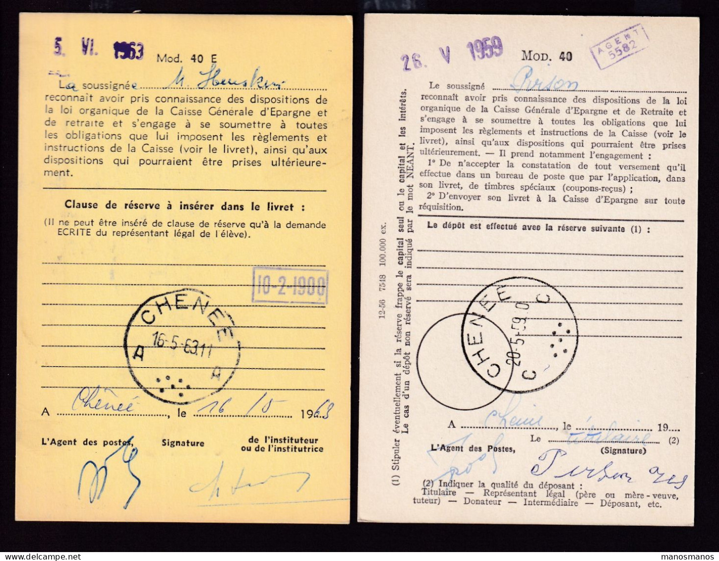 DDFF 558 -- CHENEE - 2 X Carte De Caisse D'Epargne Postale/Postspaarkaskaart 1959/1963 - Grande Griffe - Franchigia