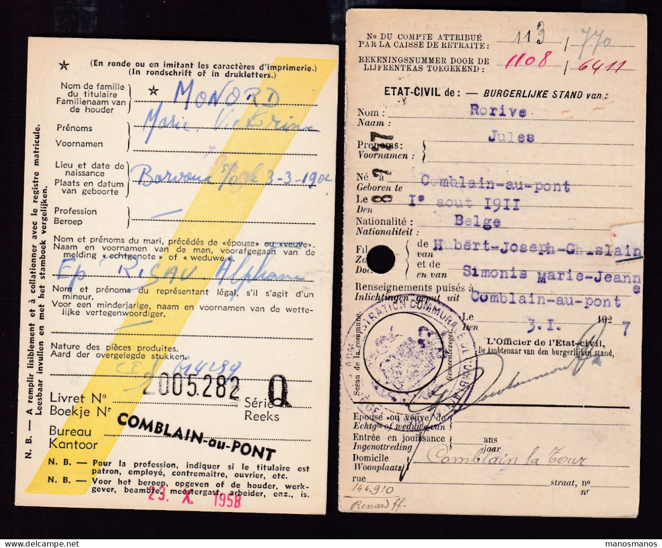 DDFF 560 -- COMBLAIN AU PONT - 2 X Carte De Caisse D'Epargne Postale/Postspaarkaskaart 1927/1958 - 1 X Admin. Communale - Portofreiheit