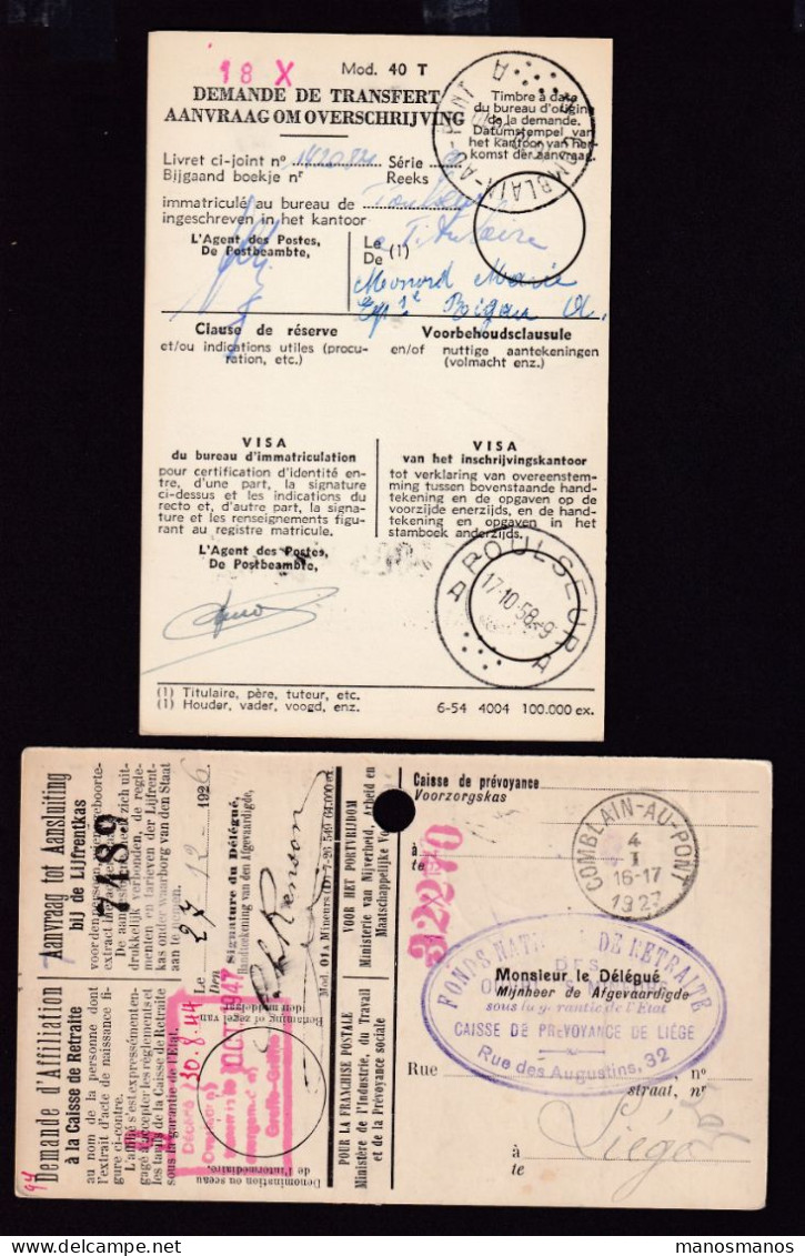 DDFF 560 -- COMBLAIN AU PONT - 2 X Carte De Caisse D'Epargne Postale/Postspaarkaskaart 1927/1958 - 1 X Admin. Communale - Portofreiheit