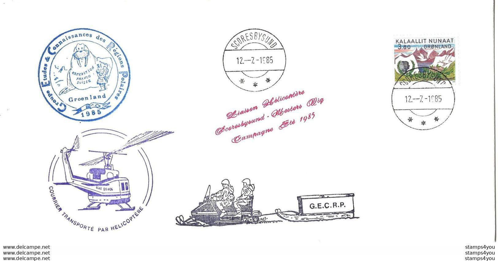 G - 14 - Enveloppe Groenland "expédition Franco-suisse Scoresbysund 1985 - Courrier Transporté Par Hélicoptère" - Arktis Expeditionen
