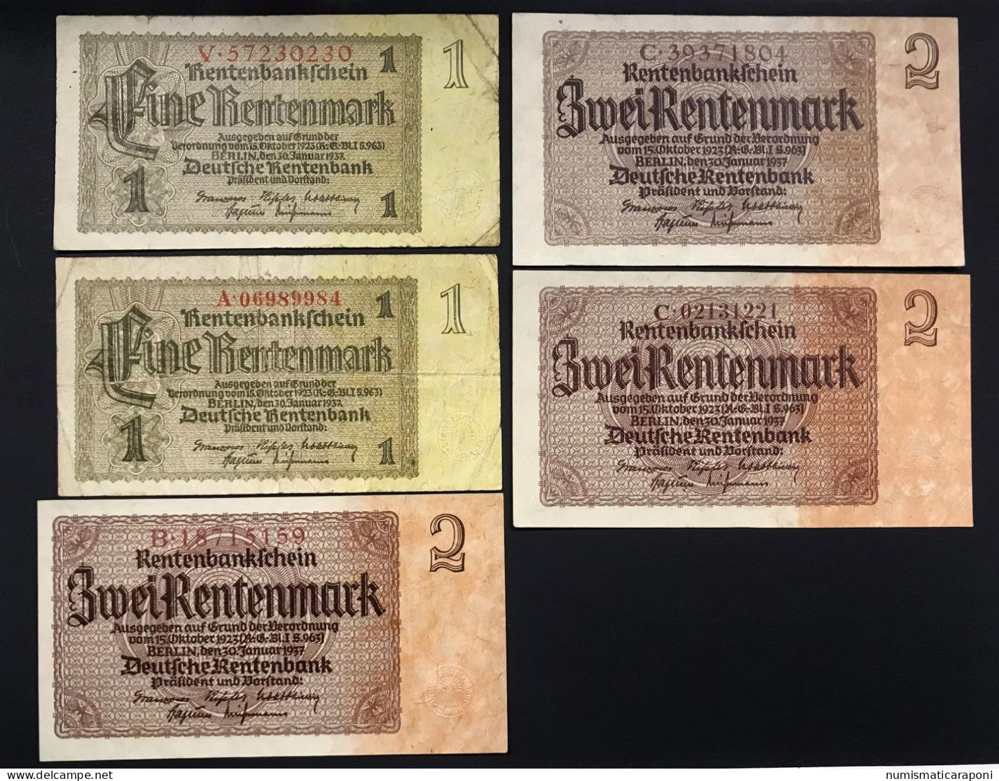 GERMANIA ALEMANIA GERMANY  1 + 2 MARK 1937 5 Bank Notes Pick#173 174   LOTTO 547 - 5 Mark