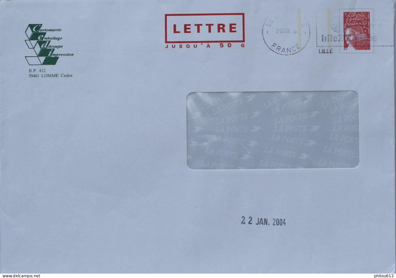 59 - Lomme -  PAP Repiquage Cartonnerie CEDI - Lettre 50G Avec Fenêtre - Flamme Lille - 2004 - PAP: Antwort/Luquet