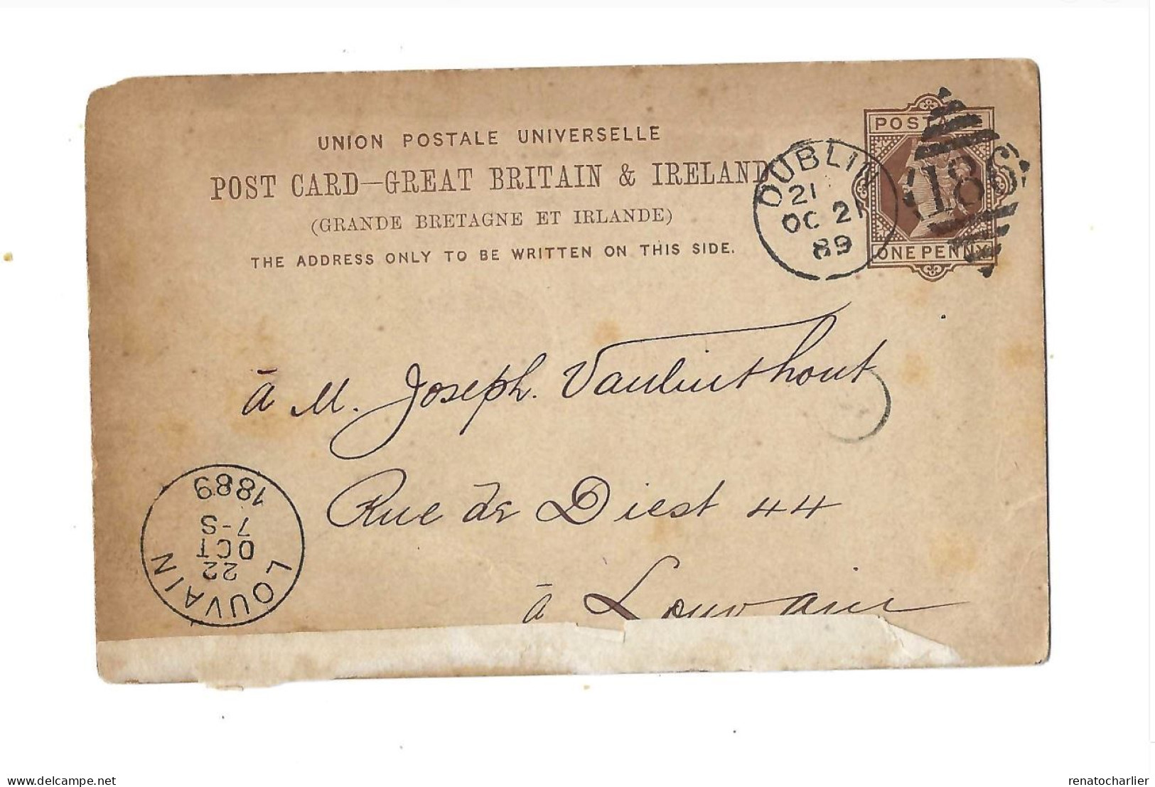 Entier Postal à 1 Penny.Expédié De Dublin à Louvain (Belgique) - Entiers Postaux