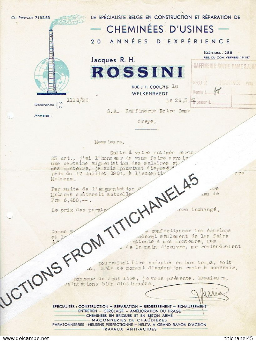 1951 WELKENRAEDT - Jacques R.H. ROSSINI - Construction Et Réparation De Cheminées D'usines - Fumisterie - Otros & Sin Clasificación