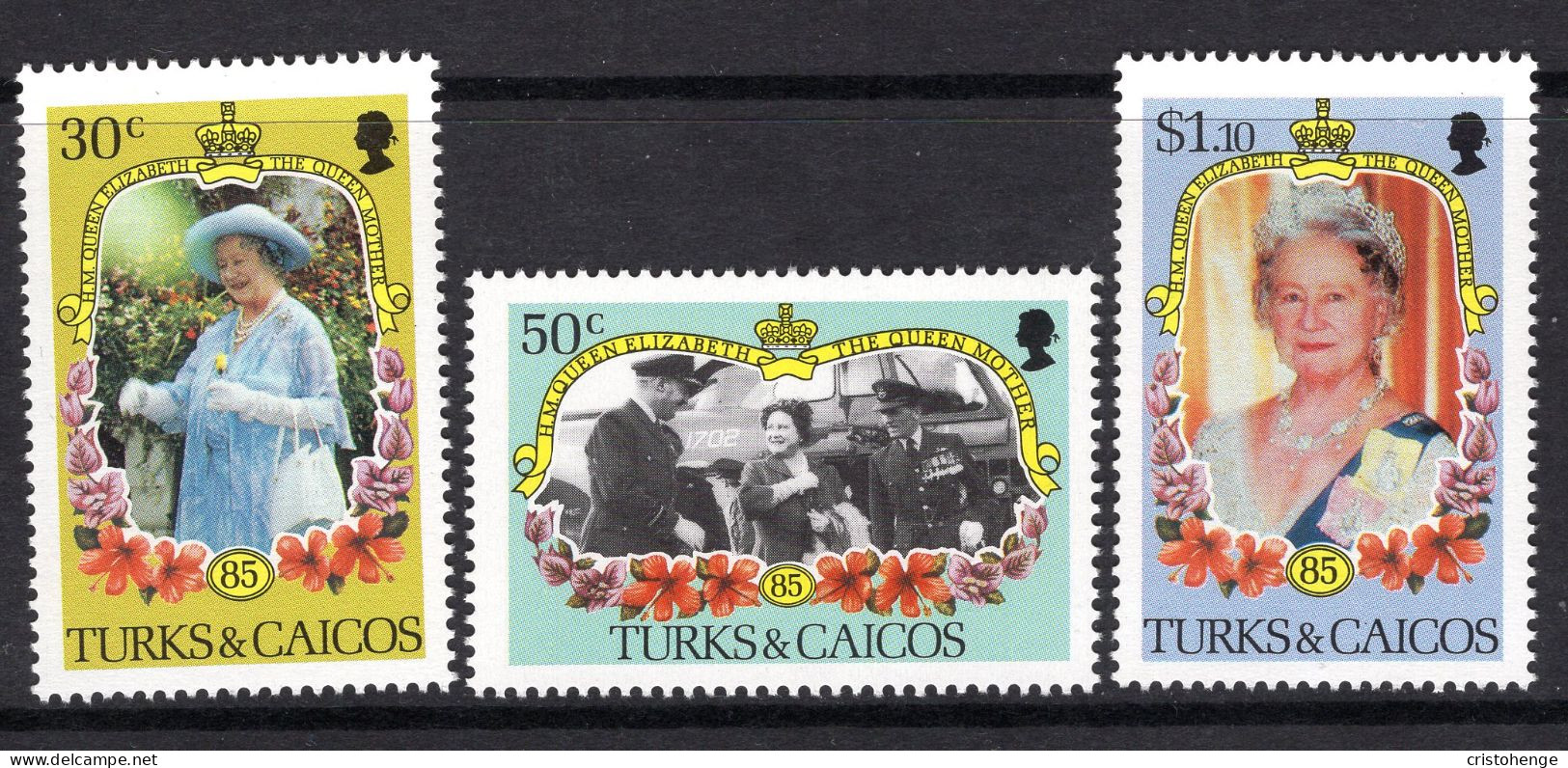 Turks & Caicos Islands 1985 Life & Times Of Queen Elizabeth The Queen Mother Set MNH (SG 854-856) - Turks And Caicos