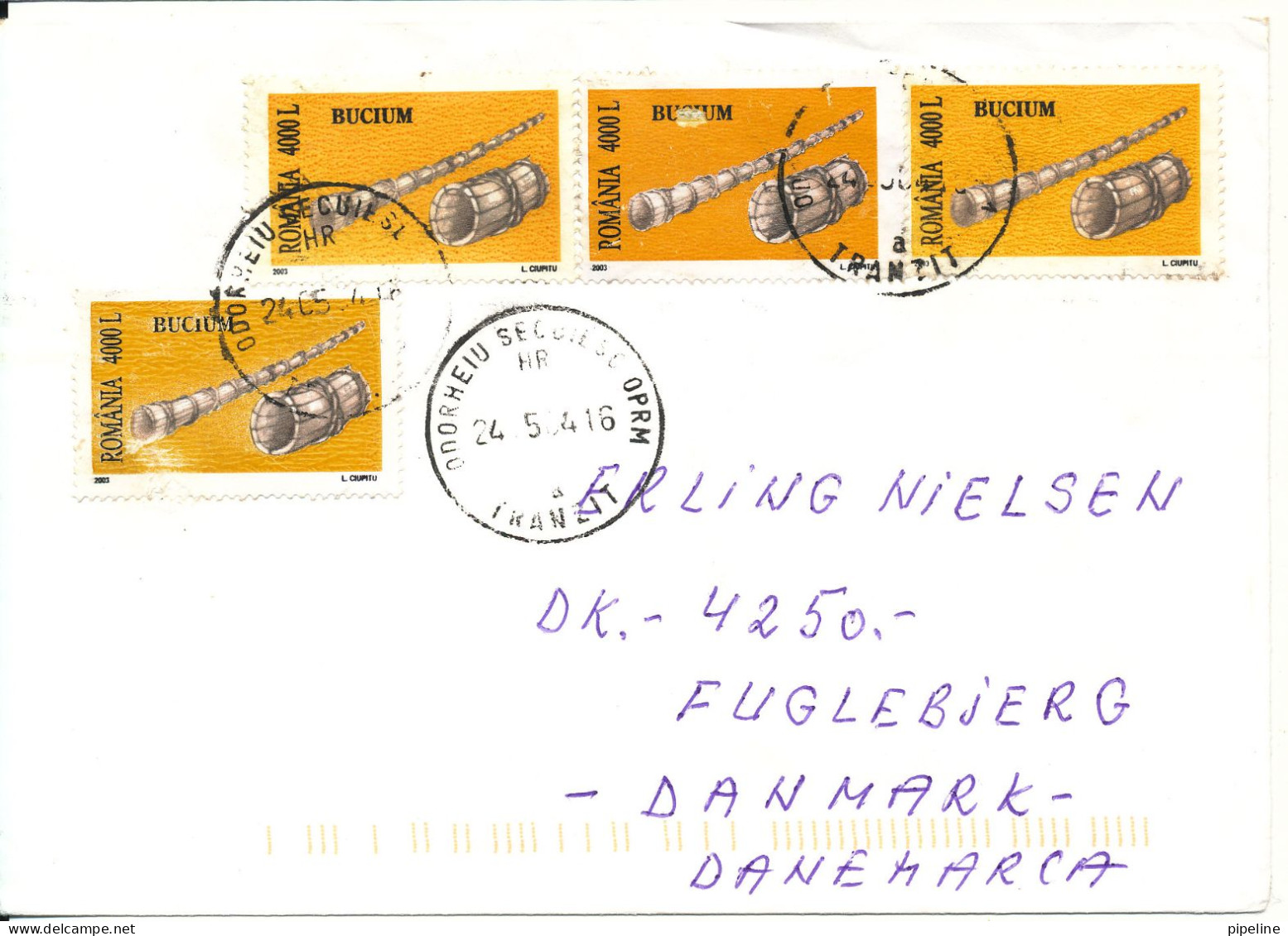 Romania Cover Sent To Denmark 24-5-2004 Topic Stamps Music Instruments - Lettres & Documents