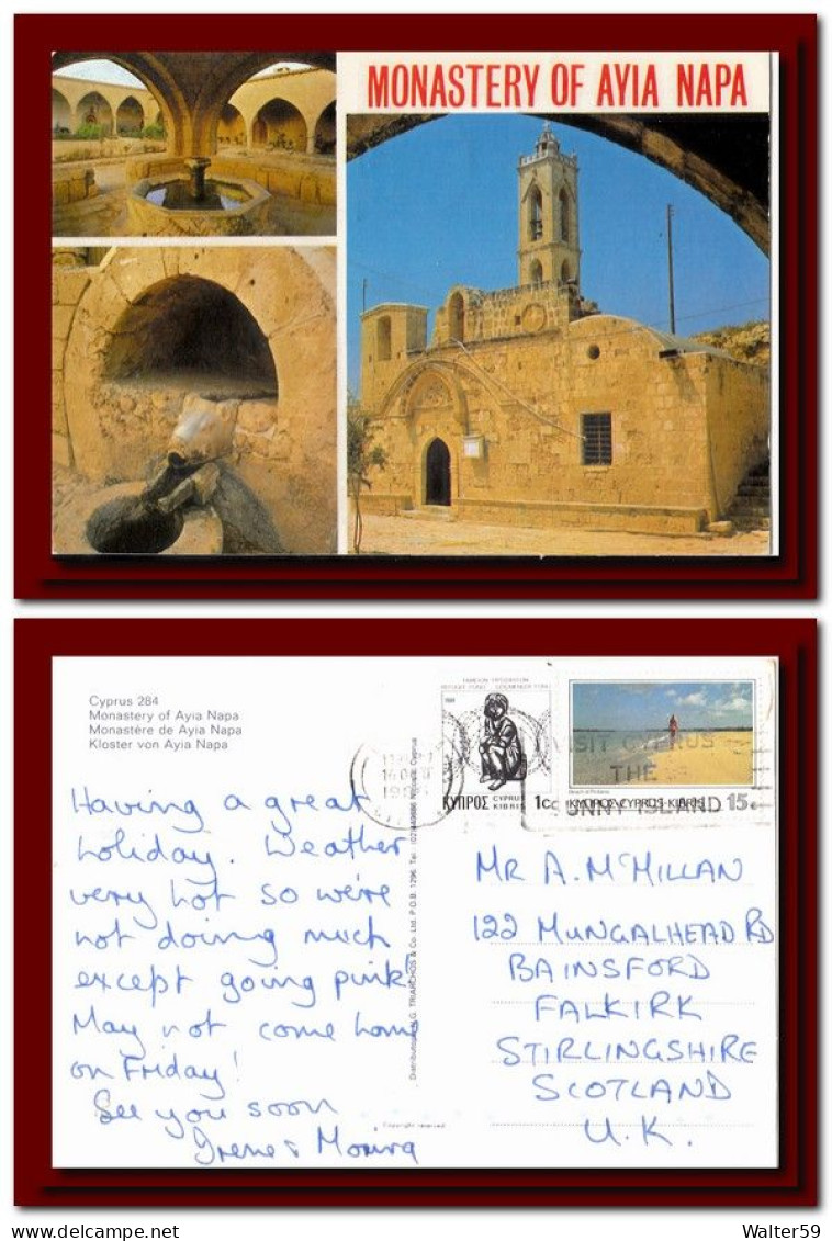 1986 Cyprus Hibris Postcard Monastery Of Ayia Napa Posted To Scotland 3scans - Brieven En Documenten