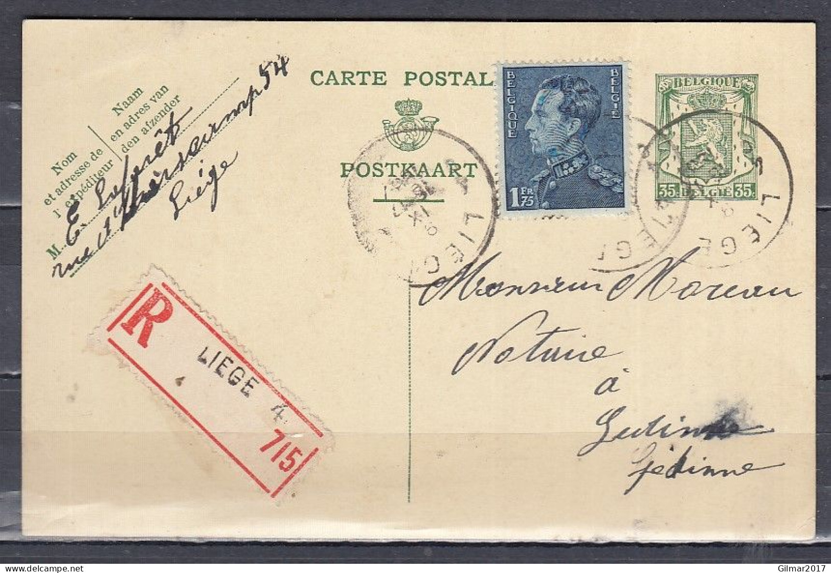 Postkaart Van Liege 4 Naar Gedinne - 1936-1951 Poortman