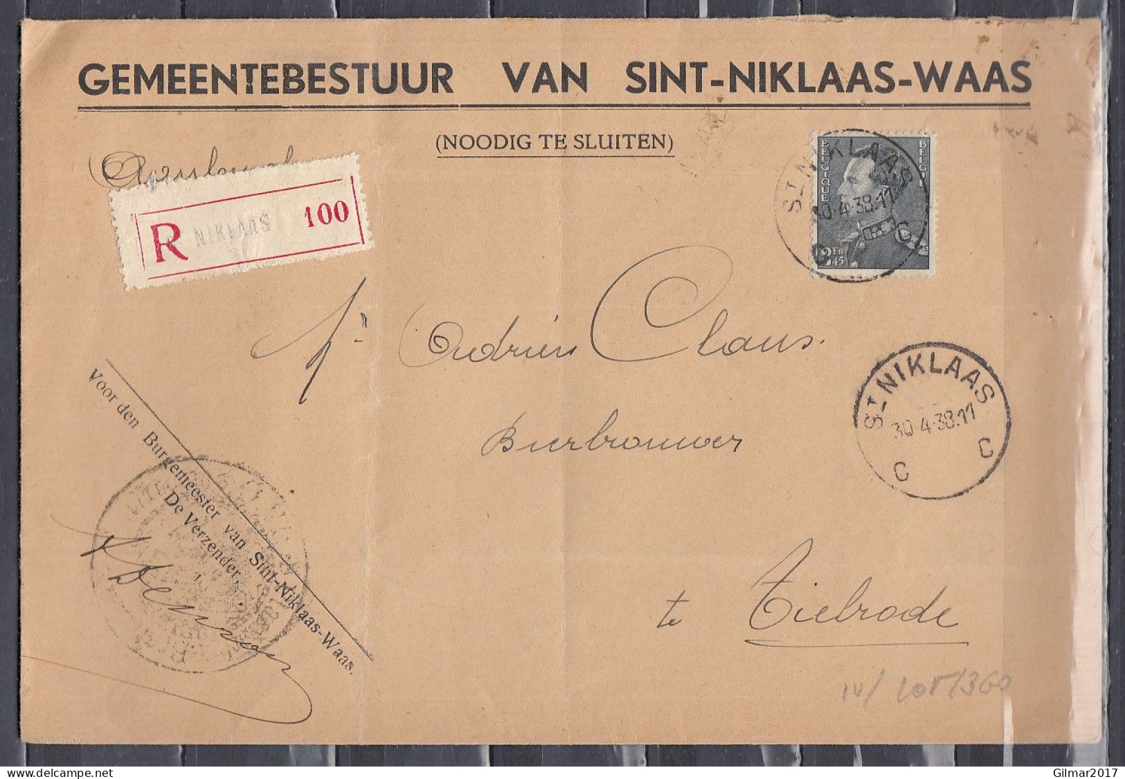 Aangetekende Brief Van St Niklaas C Naar Tielrode - 1936-51 Poortman