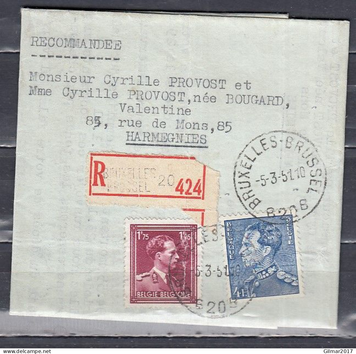 Aangetekende Brief Van Bruxelles-Brussel B20B Naar Harmegnies - 1936-51 Poortman