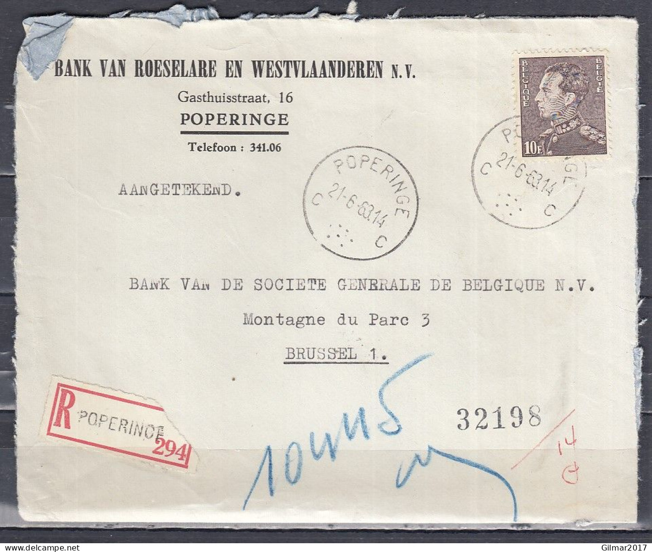 Aangetekende Brief Van Poperinge C Naar Brussel - 1936-1951 Poortman