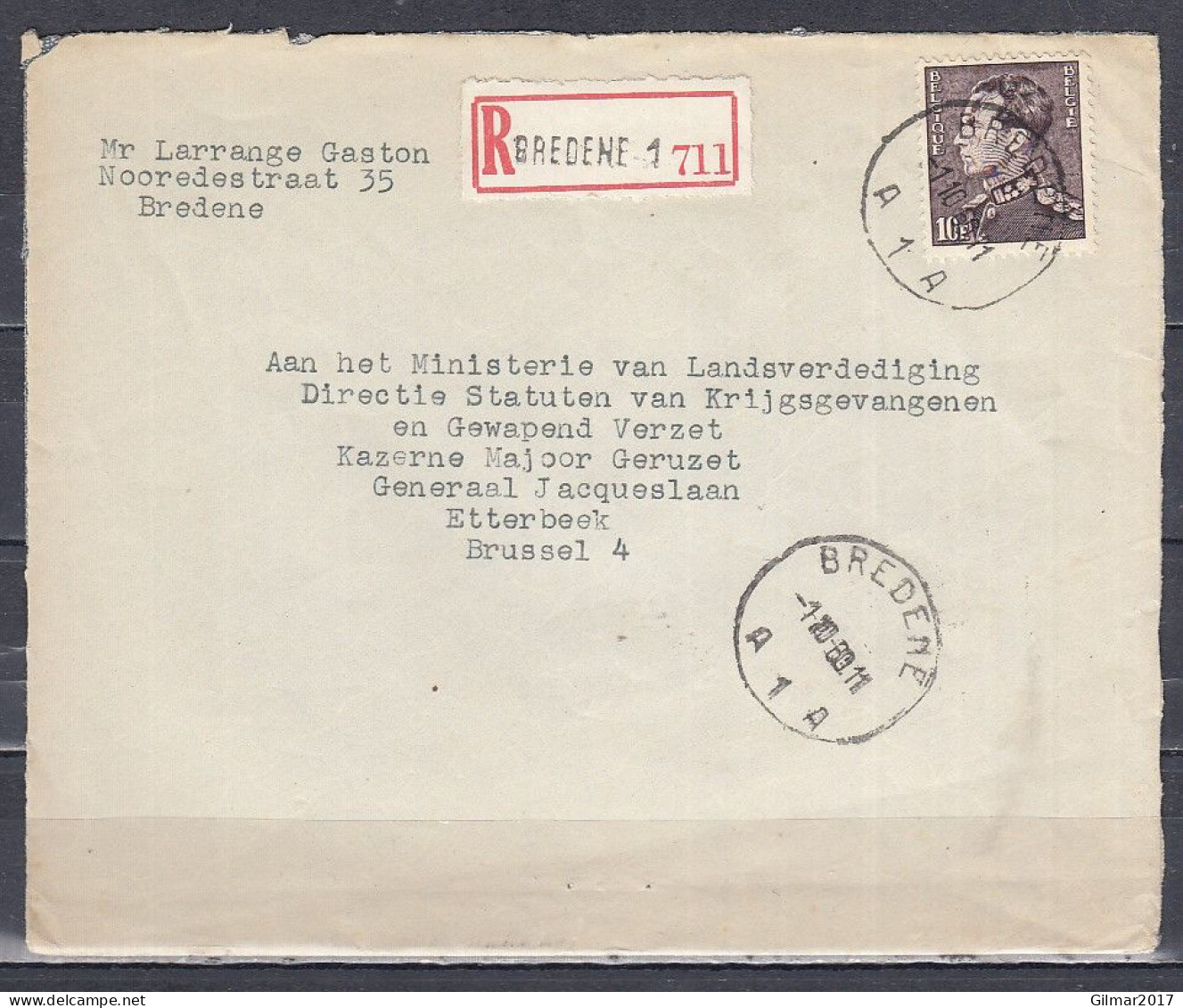 Aangetekende Brief Van Bredene A1A Naar Brussel - 1936-1951 Poortman