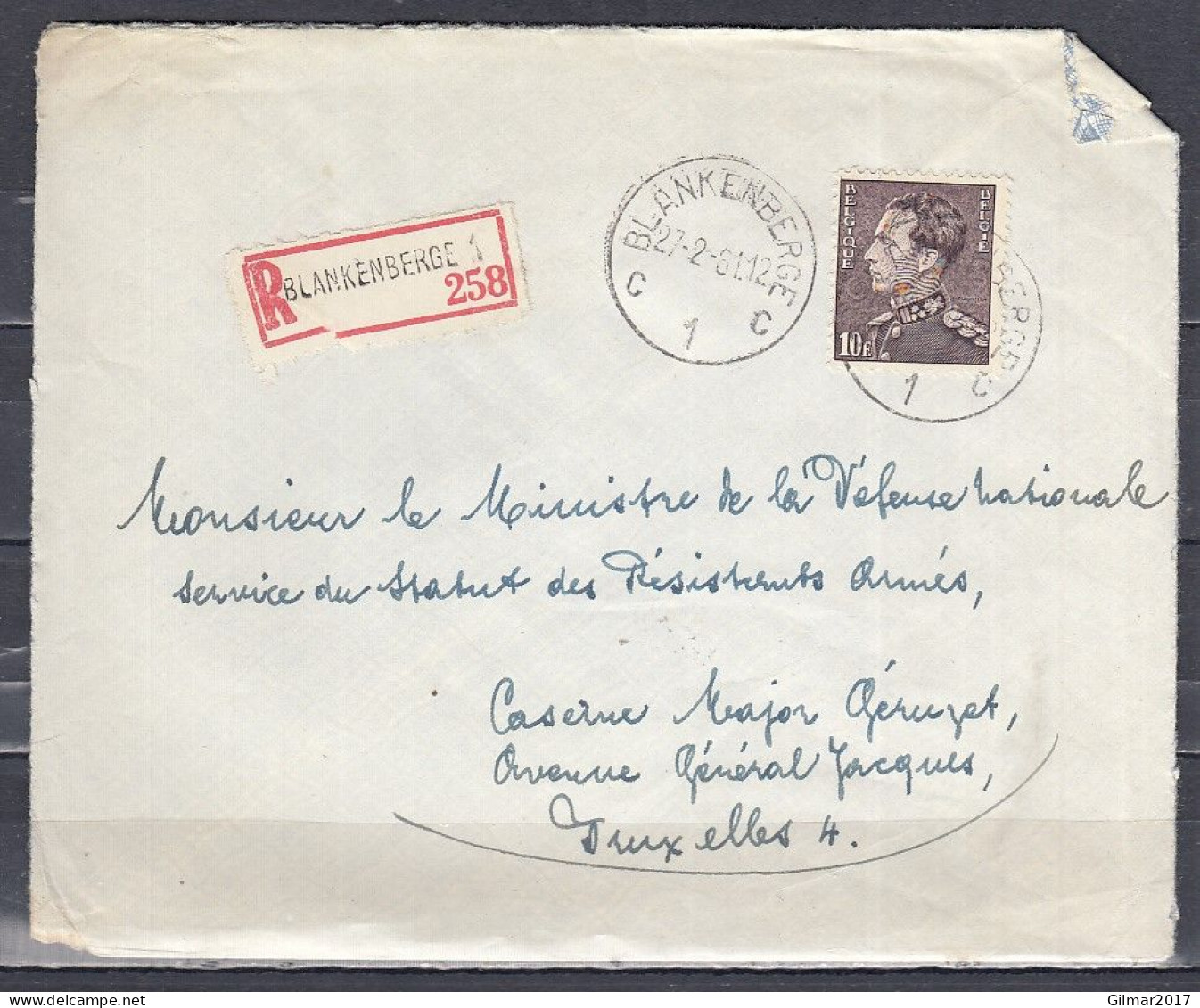 Aangetekende Brief Van Blankenberge C1C Naar Bruxelles - 1936-1951 Poortman