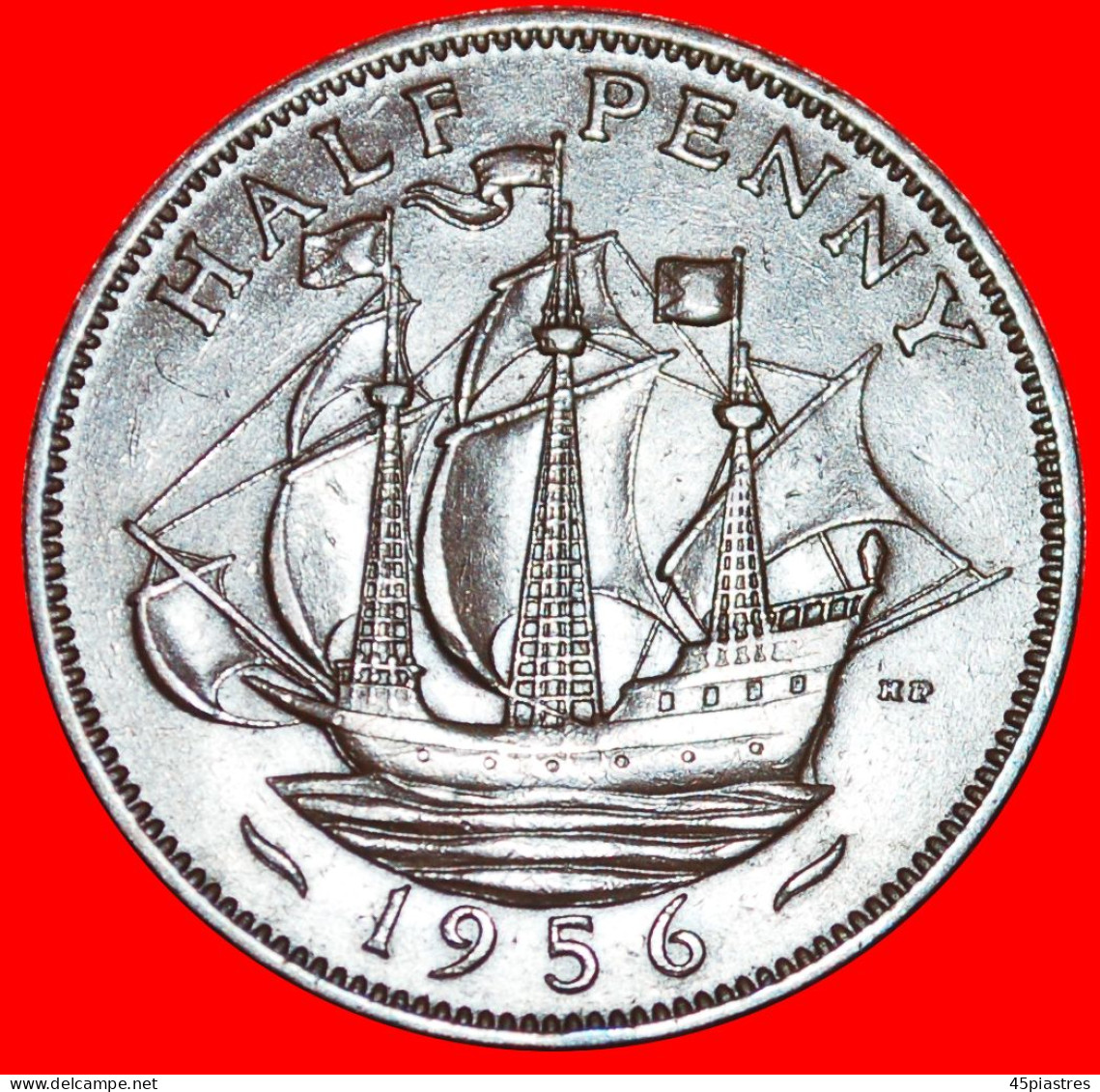 * SHIP (1954-1970): UNITED KINGDOM  HALF PENNY 1956! BRITAIN ELIZABETH II (1953-2022)! · LOW START ·  NO RESERVE! - C. 1/2 Penny