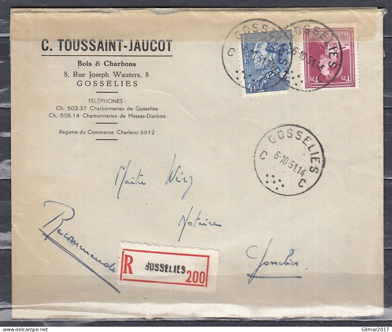 Aangetekende Brief Van Gosselies C Naar Gosselies - 1936-1951 Poortman
