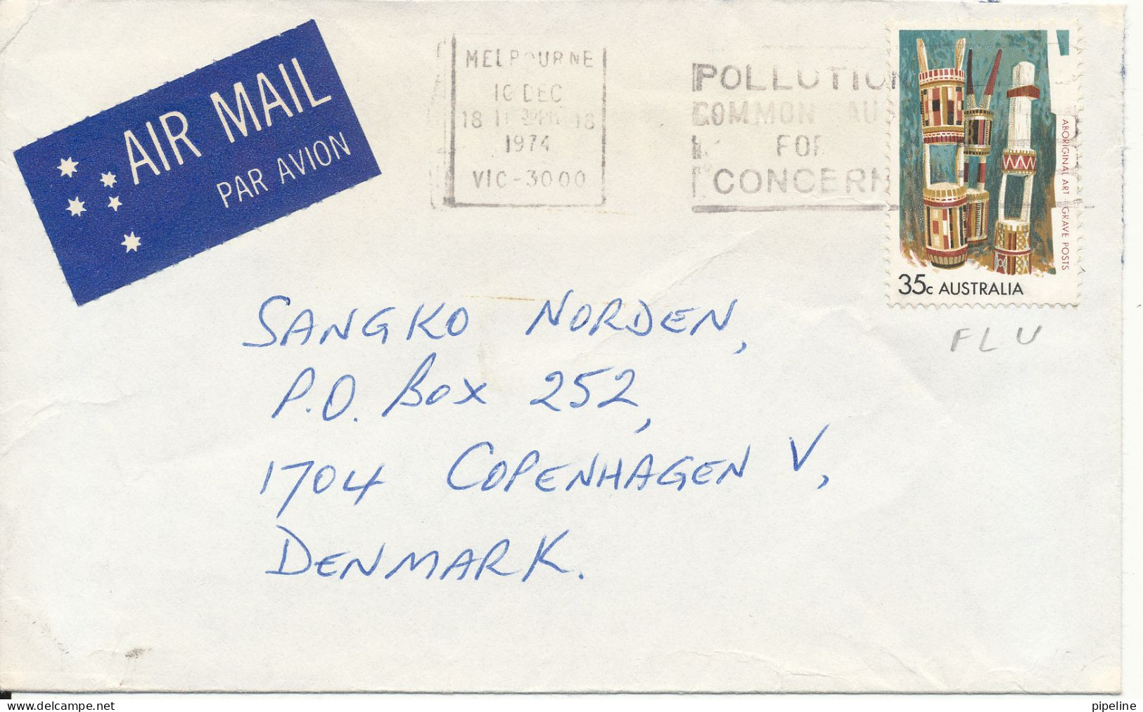 Australia Cover Sent To Denmark Melbourne 10-12-1974 Single Franked - Lettres & Documents