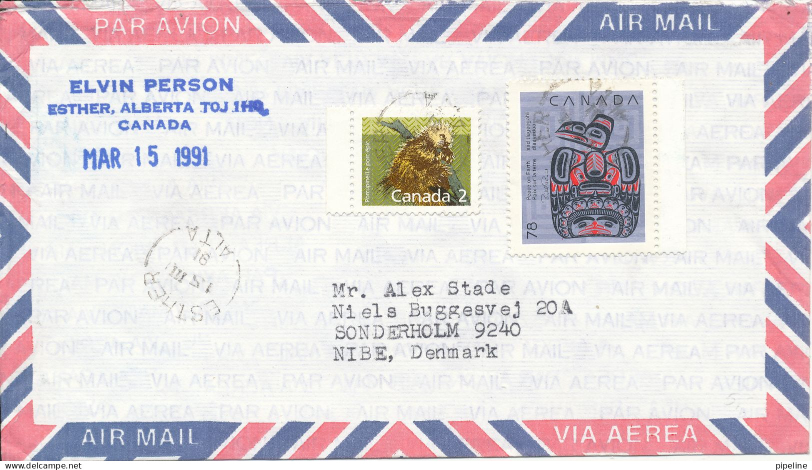 Canada Air Mail Cover Sent To Denmark 15-3-1991 - Luchtpost