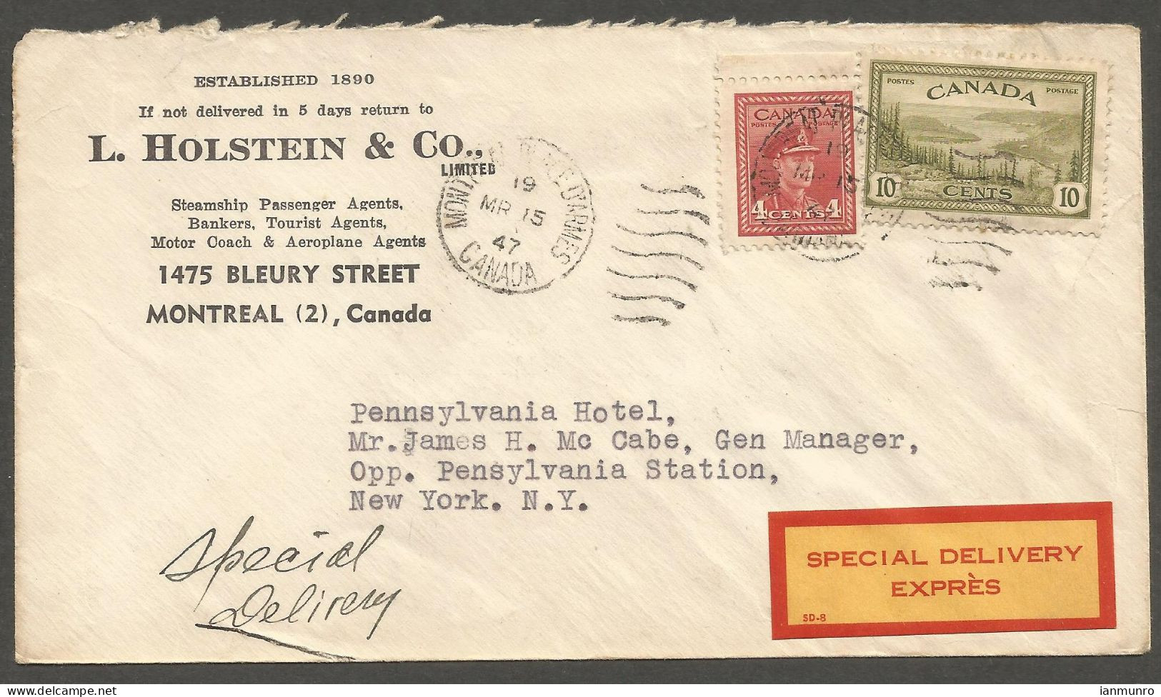 1947 Travel Agency Special Delivery Cover 14c War/Peace Montreal PQ Quebec To USA - Storia Postale