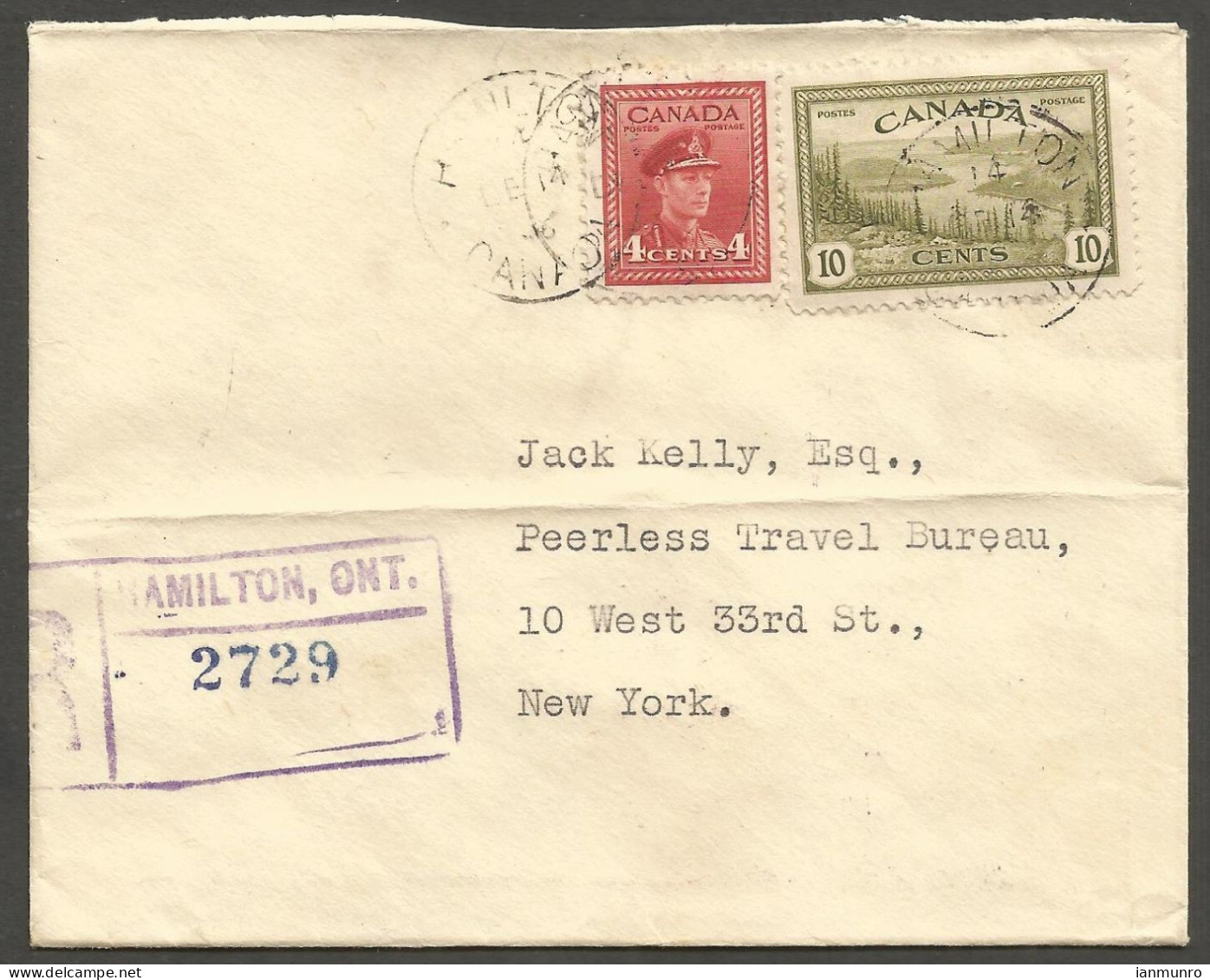 1946 Registered Cover 14c War/Peace CDS Hamilton Ontario To USA - Histoire Postale