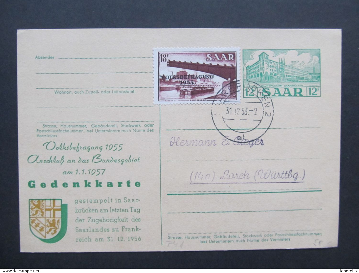 GANZSACHE Saarbrücken - Lorch 1953 // D*58247 - Enteros Postales