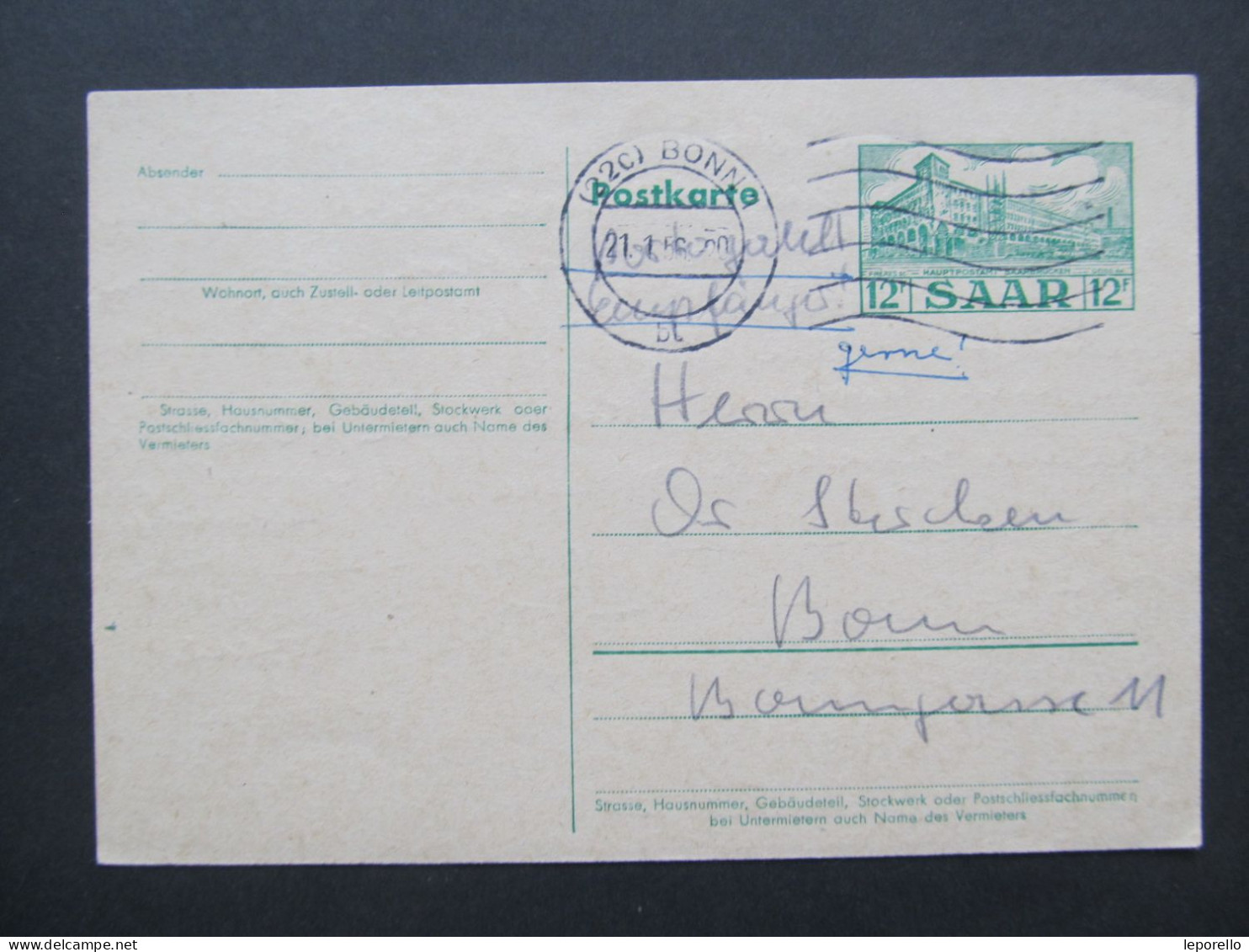 GANZSACHE Saar Bonn 1956// D*58248 - Entiers Postaux