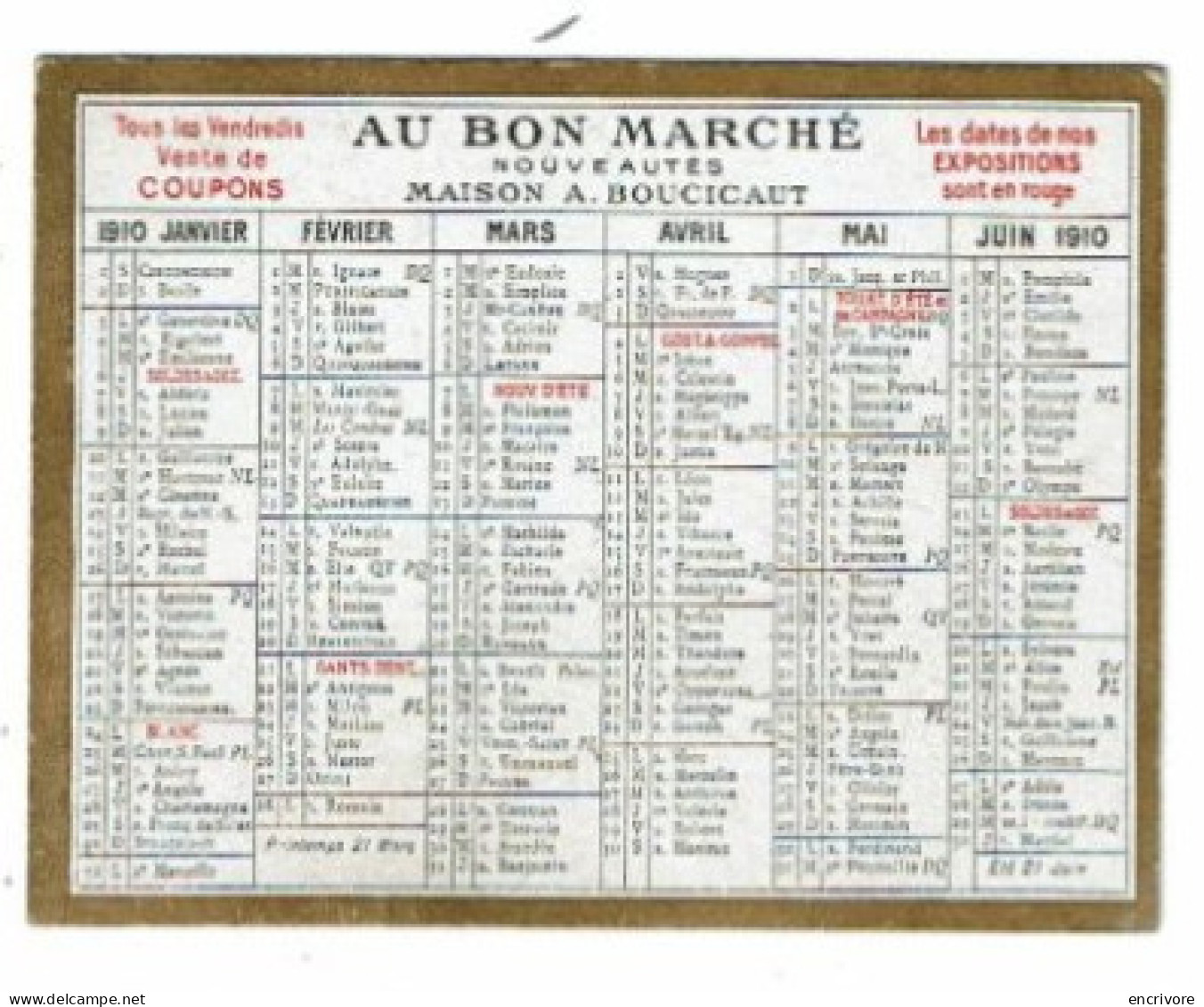 Petit Calendrier Publicitaire 1910 AU BON MARCHE Coupons Expositions Soldes - Petit Format : 1901-20