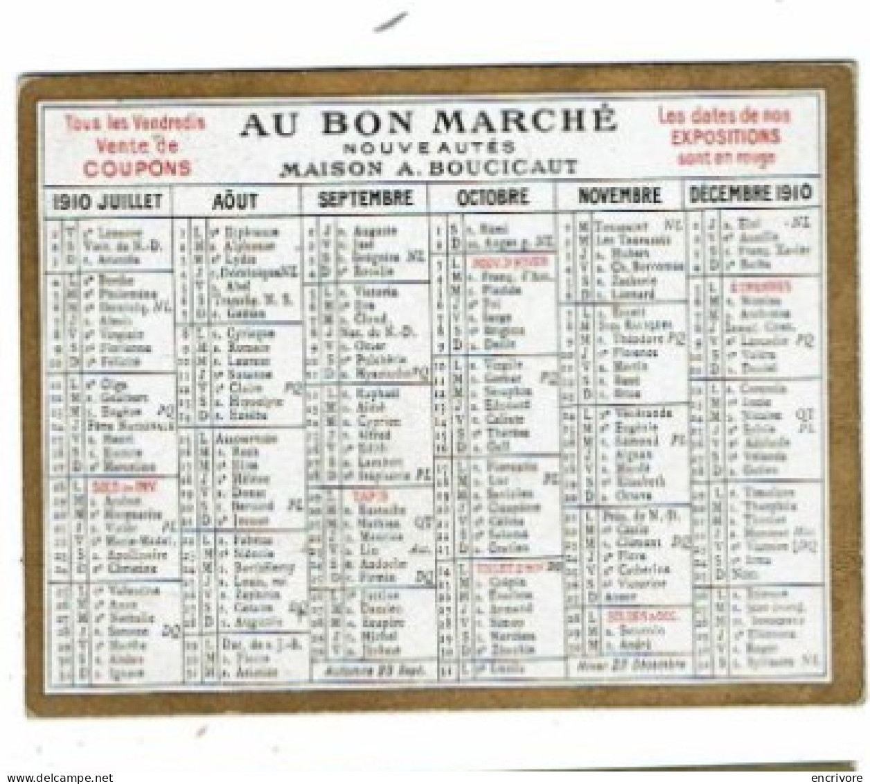 Petit Calendrier Publicitaire 1910 AU BON MARCHE Coupons Expositions Soldes - Kleinformat : 1901-20