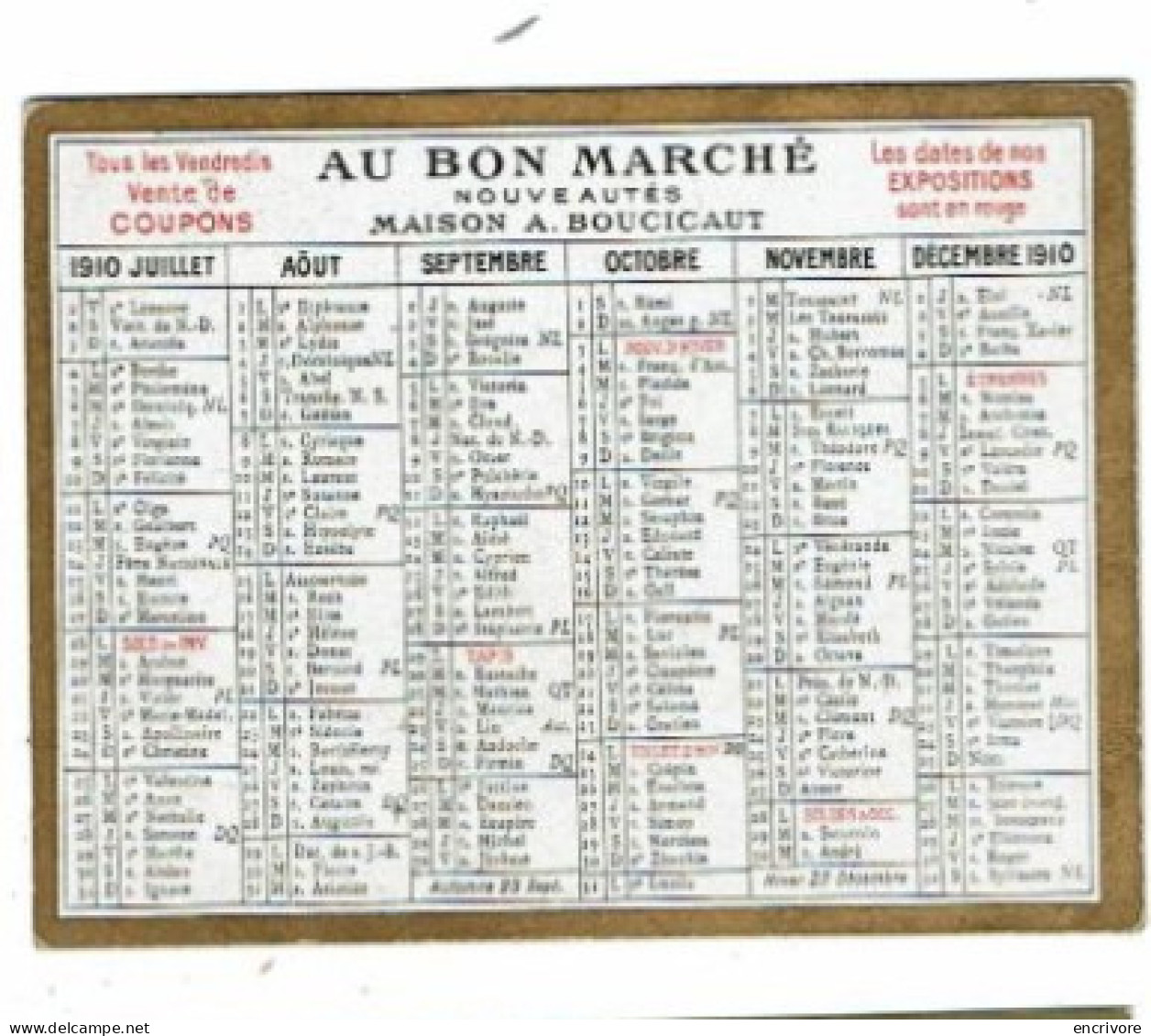 Petit Calendrier Publicitaire 1910 AU BON MARCHE Coupons Expositions Soldes - Small : 1901-20