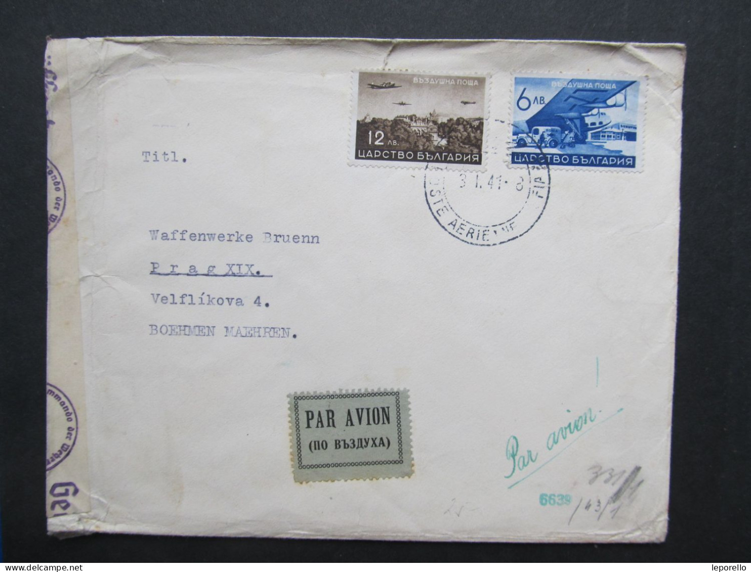 BRIEF Sofia - Praha Par Avion Zensur 1941  / D*58263 - Lettres & Documents