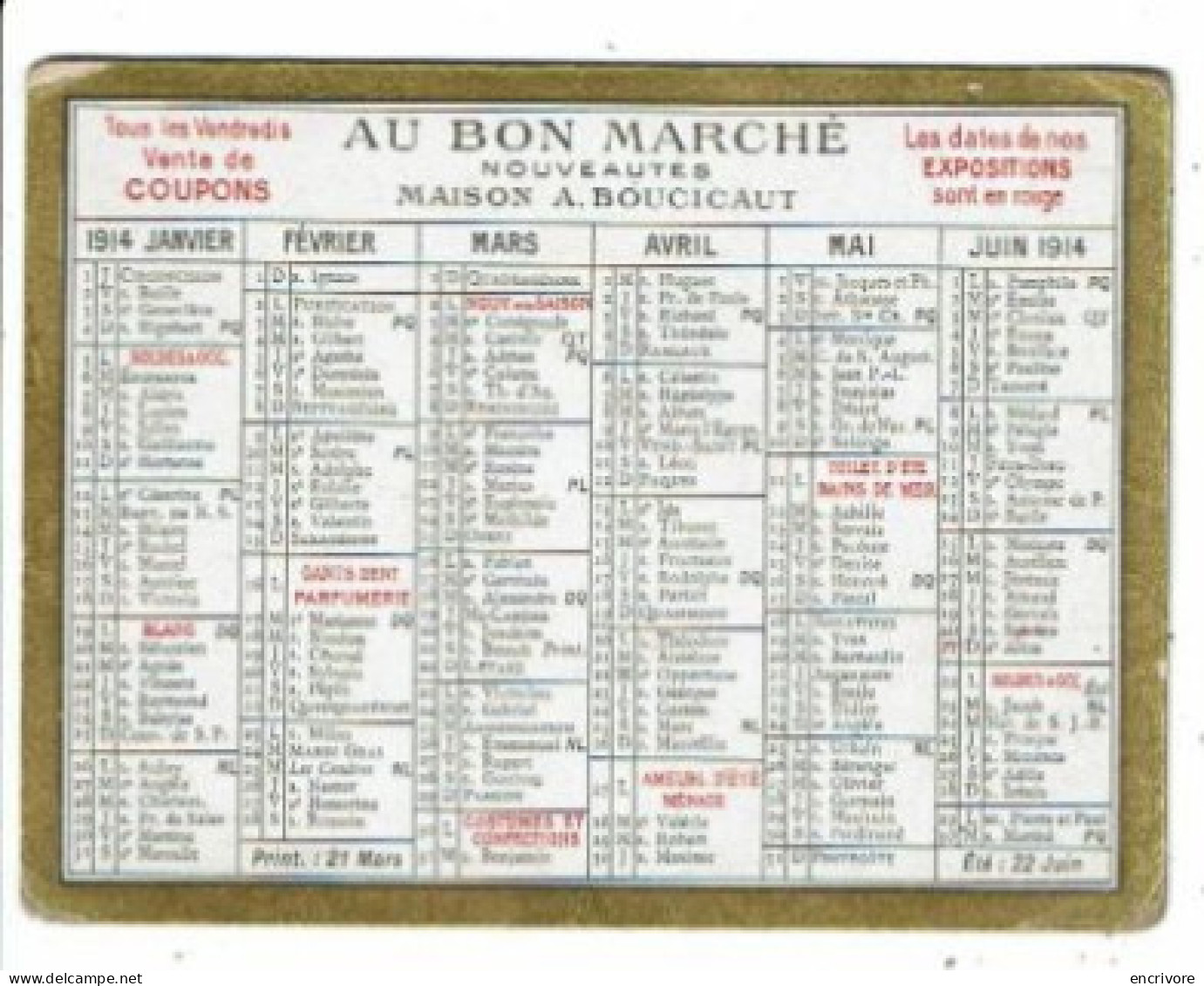 Petit Calendrier Publicitaire 1914 AU BON MARCHE Coupons Expositions Soldes - Kleinformat : 1901-20