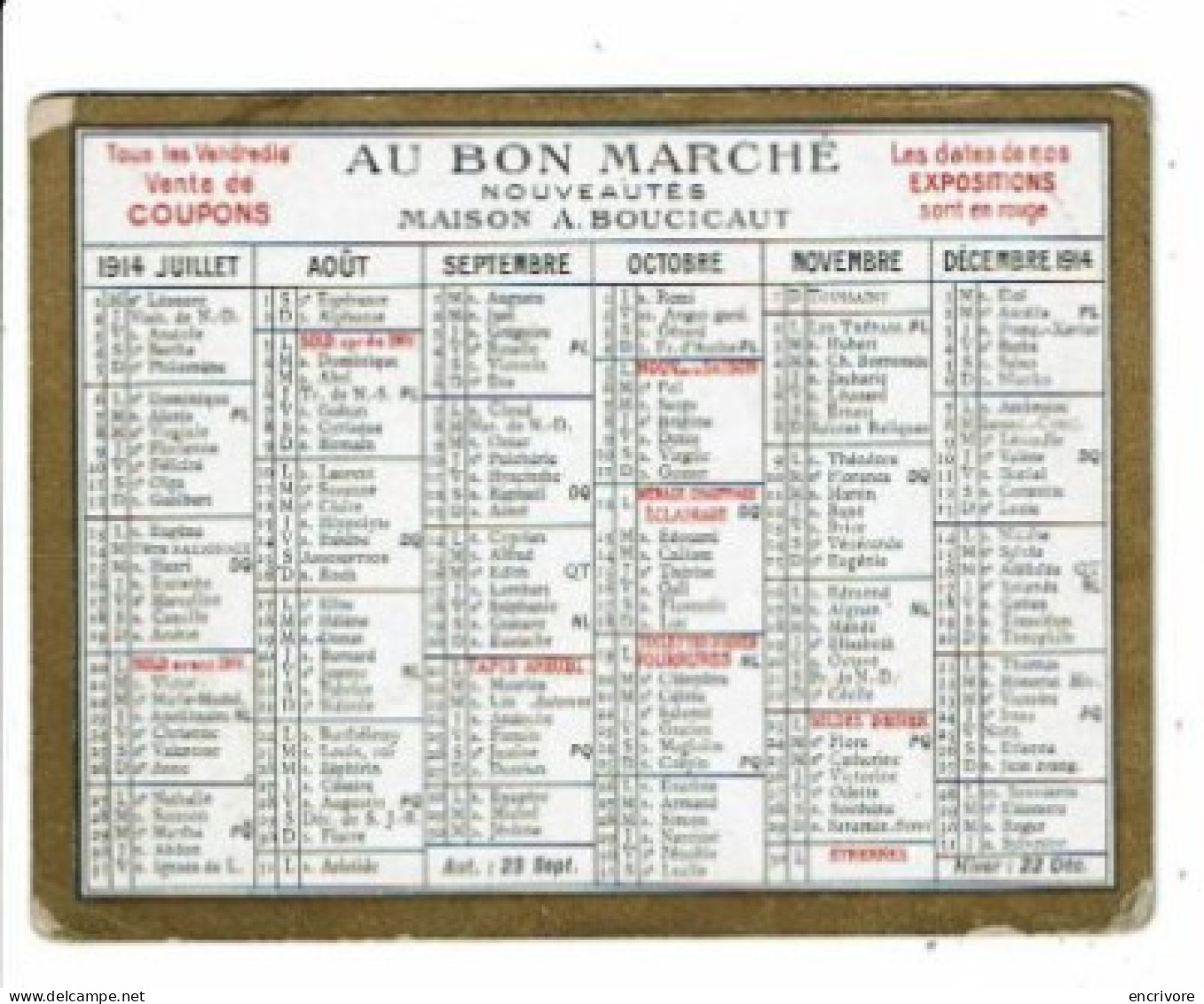 Petit Calendrier Publicitaire 1914 AU BON MARCHE Coupons Expositions Soldes - Kleinformat : 1901-20