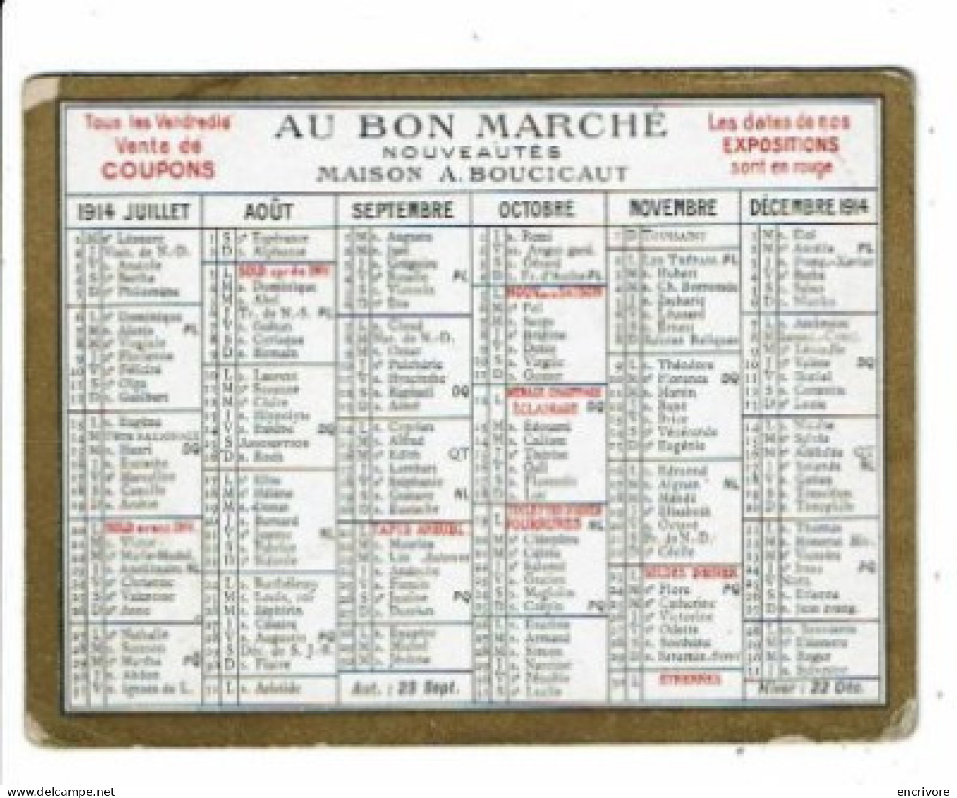Petit Calendrier Publicitaire 1914 AU BON MARCHE Coupons Expositions Soldes - Small : 1901-20