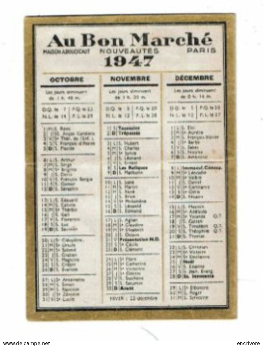 Petit Calendrier Publicitaire 1947 AU BON MARCHE Paris Toulouse Vichy Alger - Petit Format : 1941-60