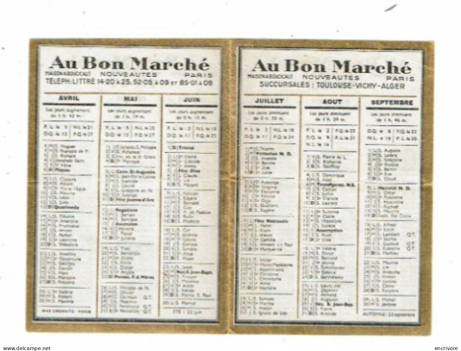 Petit Calendrier Publicitaire 1947 AU BON MARCHE Paris Toulouse Vichy Alger - Petit Format : 1941-60