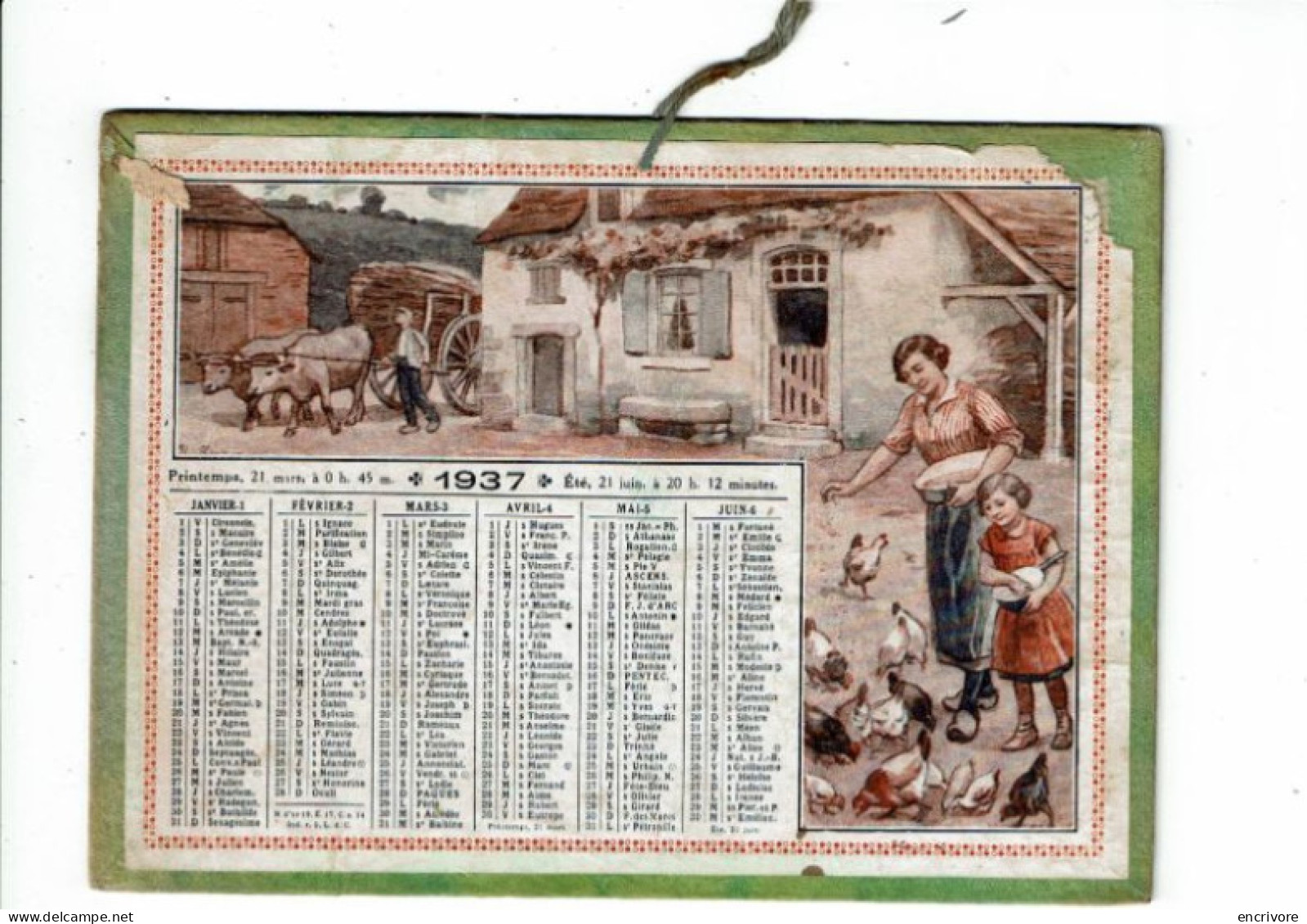 Calendrier à Suspendre Taille Intermédiaire 1937 Ferme Moulin - Tamaño Grande : 1921-40