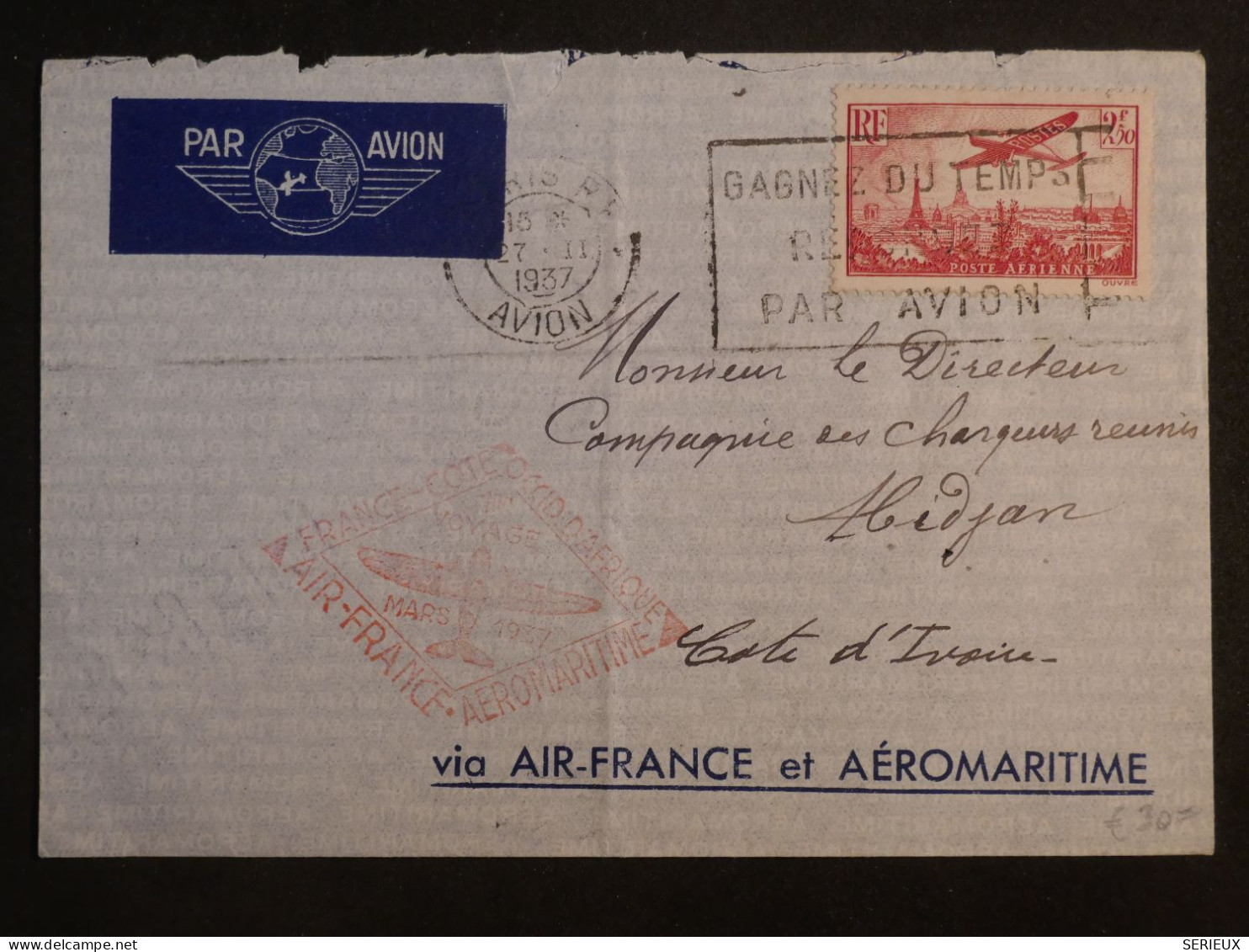 DH7 FRANCE   BELLE LETTRE 1937 1ER VOL AIR FRANCE A  ABIDJAN COTE D IVOIRE   +PA N°11 +AFF. INTERESSANT ++++ - 1927-1959 Cartas & Documentos