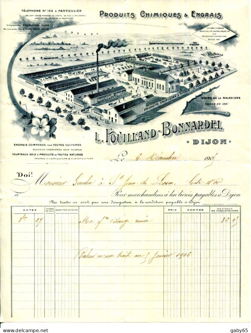 FACTURE.21.DIJON.PRODUITS CHIMIQUES &B ENGRAIS.L.FOUILLAND-BONNARDEL. - Agriculture