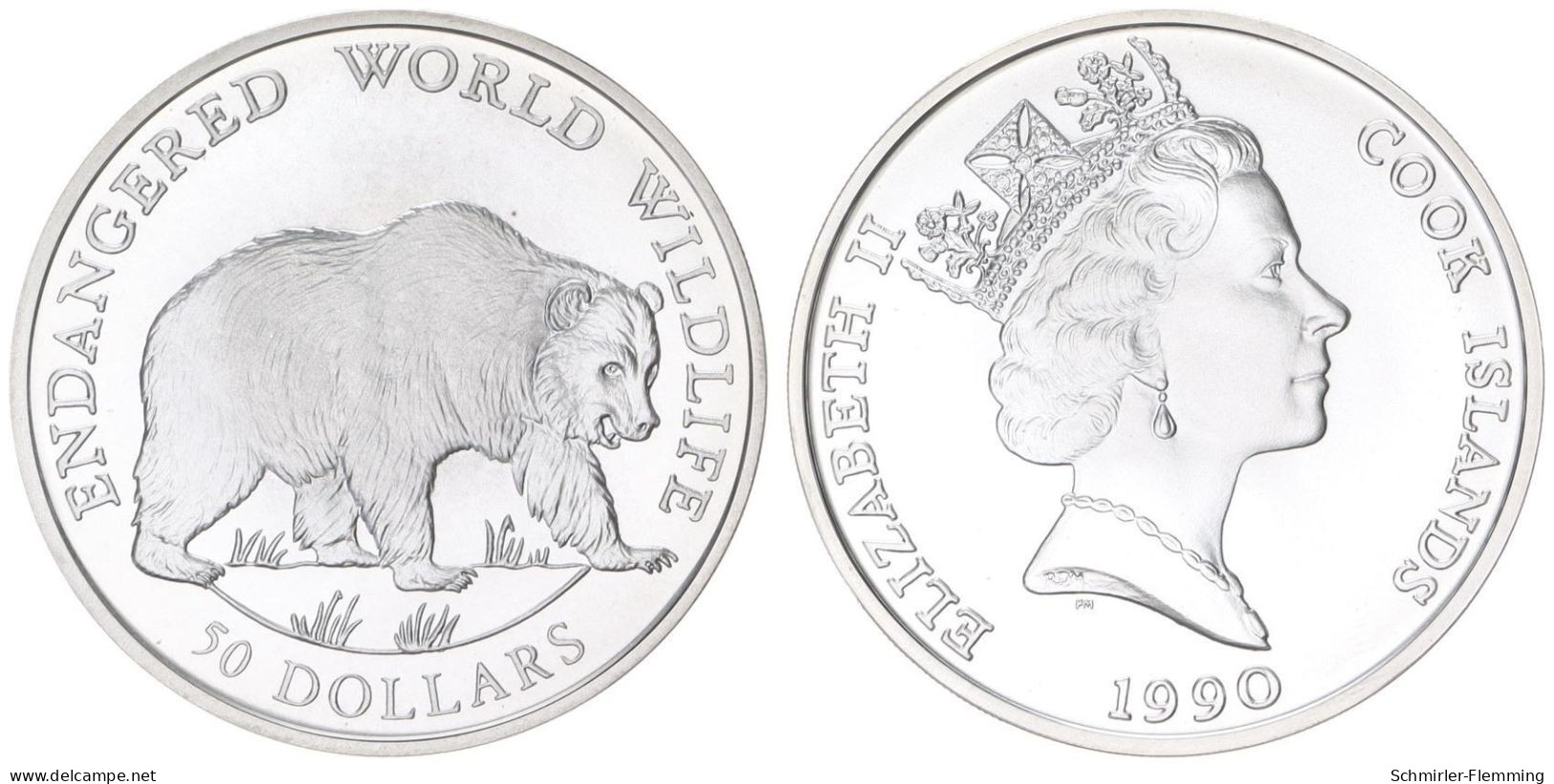 Cook Inseln 50 Dollar 1990 Elizabezh II. (1952-2023) "Grizzly" 19,2g 925er Silber/Silver (17,76g FEIN) Proof. - Cookeilanden