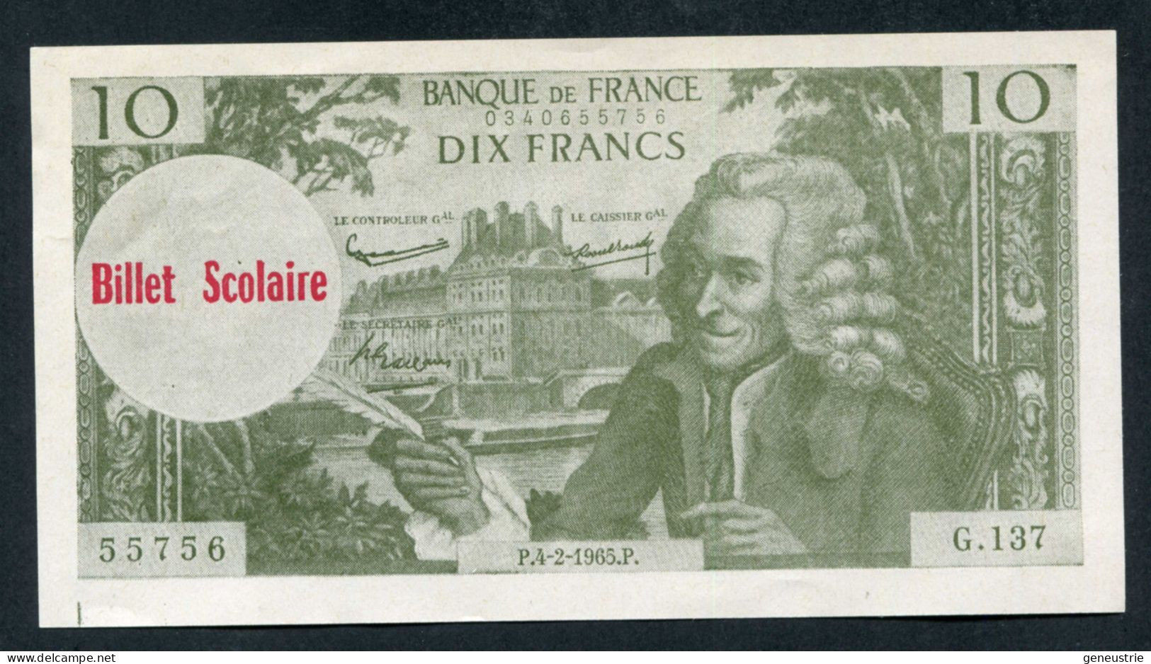 Beau Billet Neuf Scolaire école (10Fr Voltaire) Specimen à Usage Pédagogique - Années 60 - School Bank Note - Ficción & Especímenes