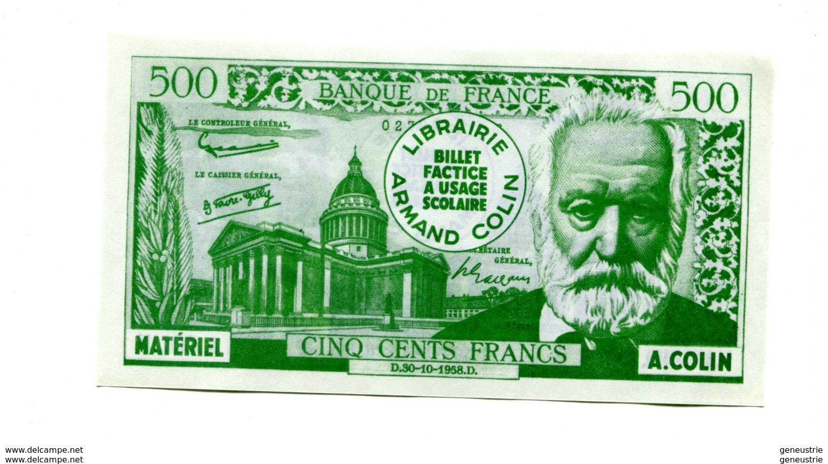 Billet Scolaire école (500F / 5NF Victor Hugo) 1959 - Armand Colin - School Bank Note - Fictifs & Spécimens