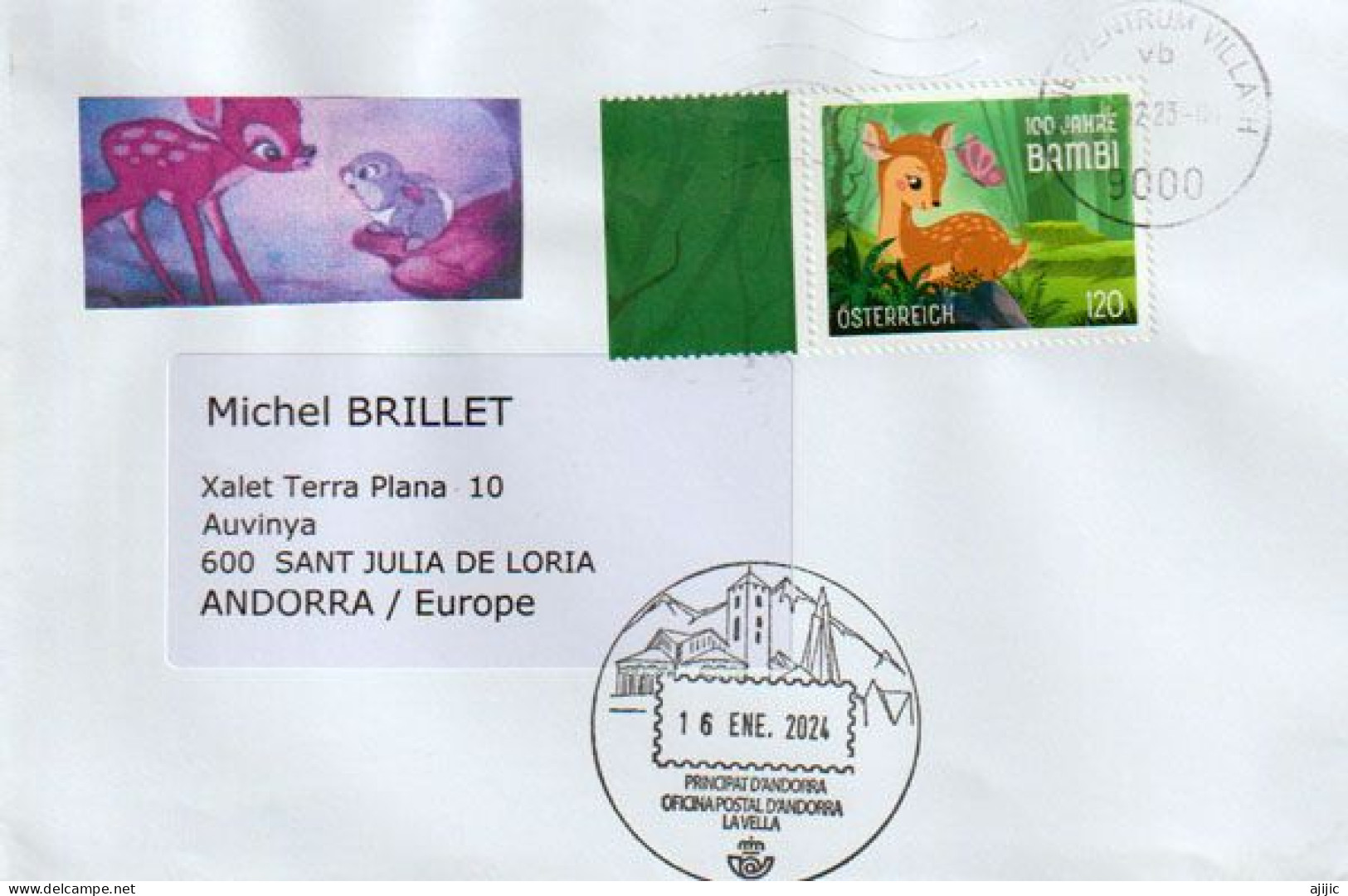 2023. Bambi 100 Years Anniversary, Letter From Austria To Andorra, With Arrival Andorran Postmark - Briefe U. Dokumente