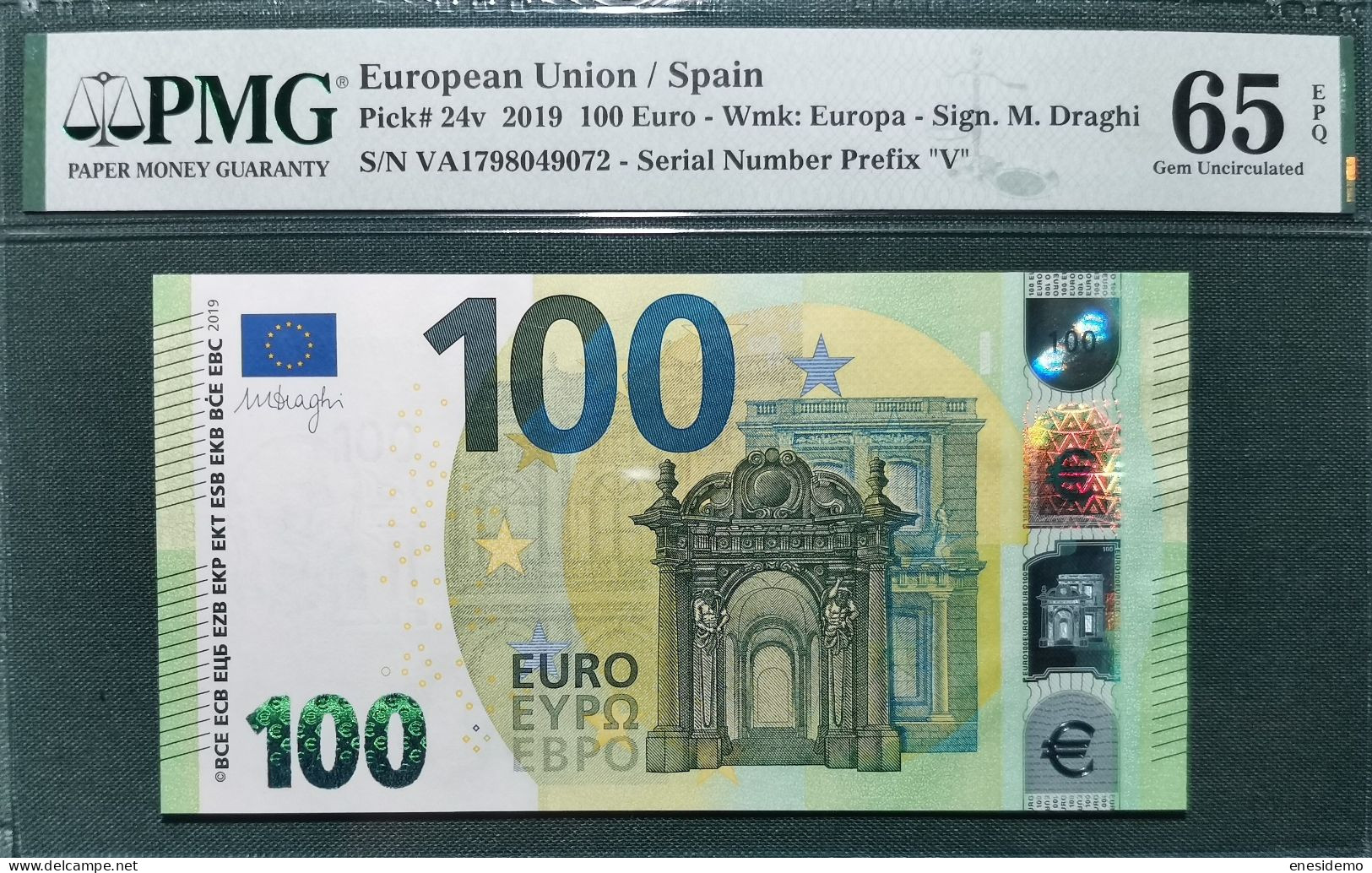 100 EURO SPAIN 2019  DRAGHI V002H2 VA SC UNCIRC. PMG 65 EPQ - 100 Euro